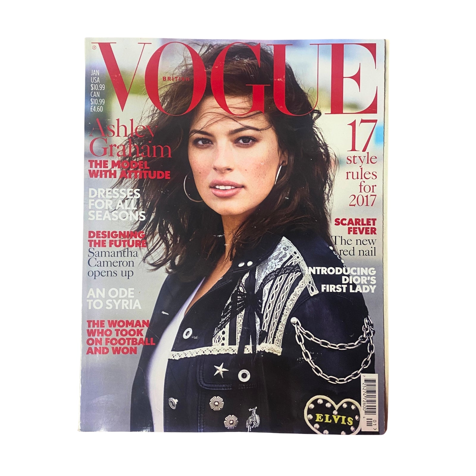 Vogue British Magazine January 2017 Ashley Graham Cover, featuring Ashley Graham in a stylish outfit, highlighting her historic role as the first curve model on the cover.