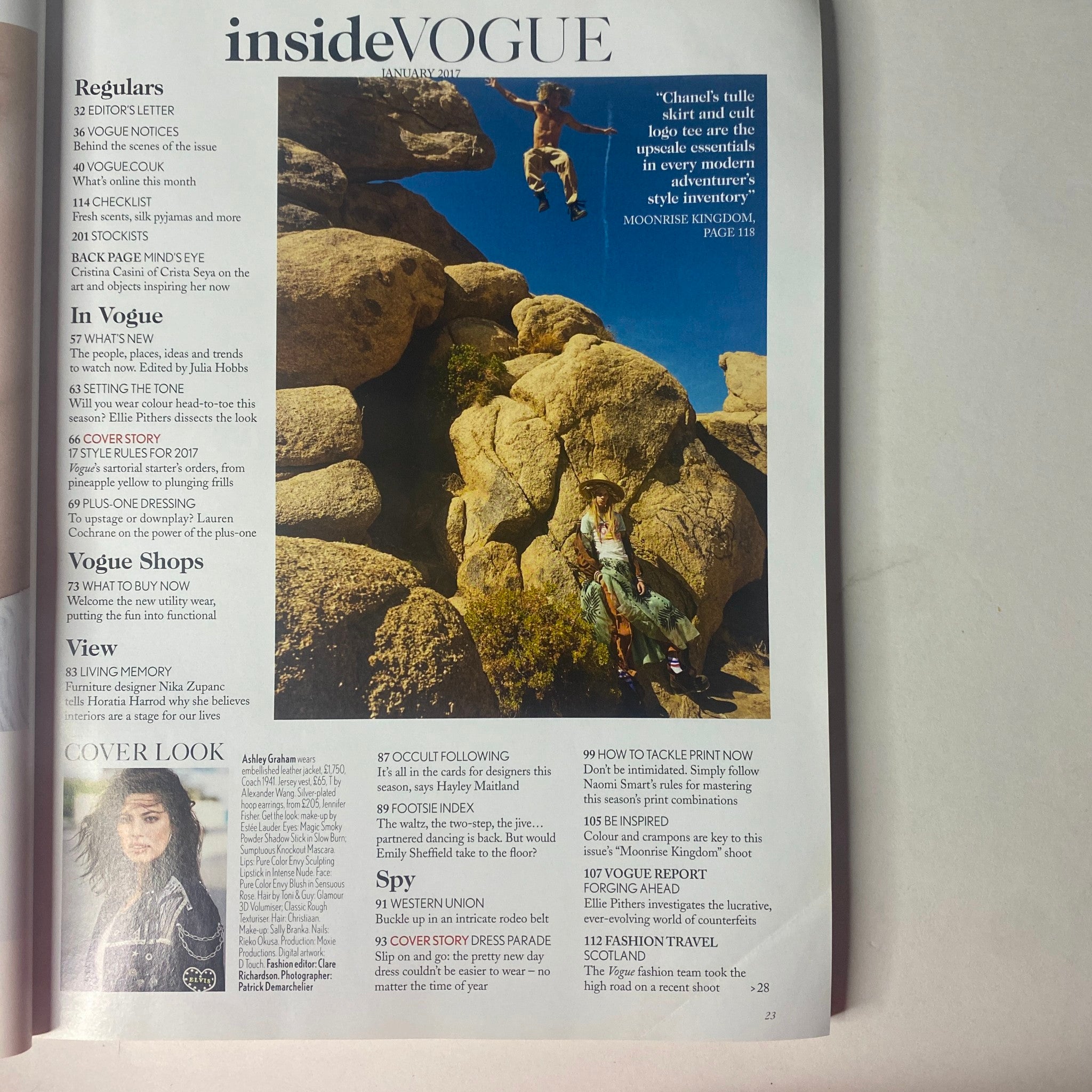 Inside preview of Vogue British Magazine January 2017, featuring a glimpse of an article with Ashley Graham, discussing fashion trends and cultural topics.