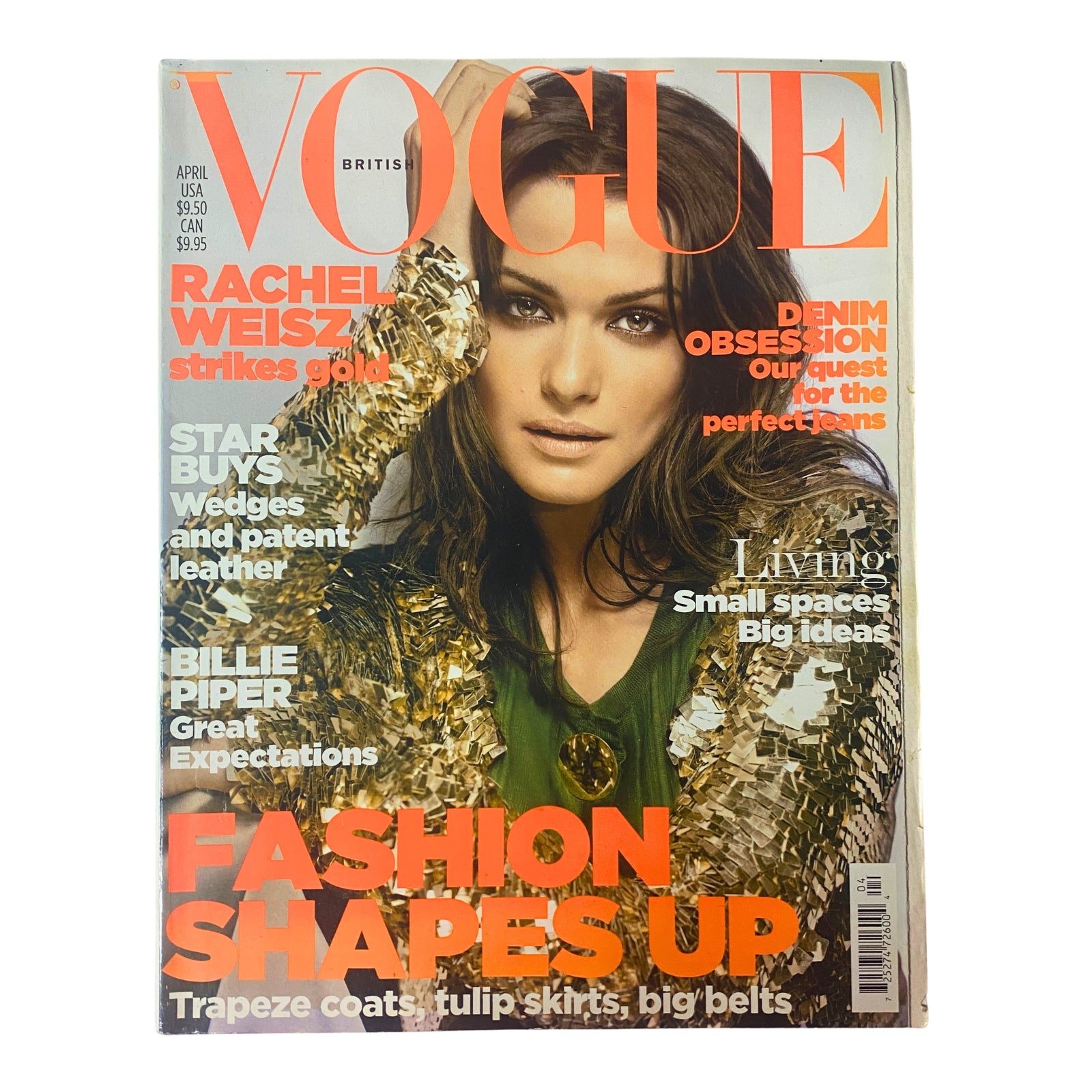 Vogue British Magazine April 2006 cover featuring Rachel Weisz in a sparkling gold outfit, highlighting seasonal trends with the title 'Fashion Shapes Up'.