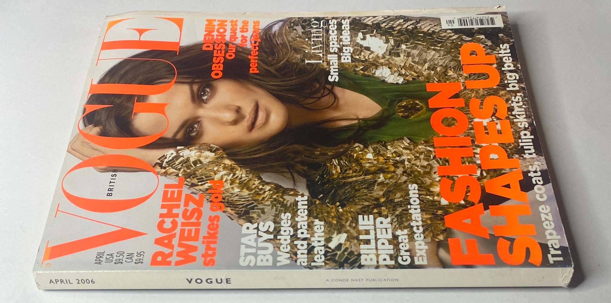 Another view of the Vogue British Magazine April 2006 cover showcasing Rachel Weisz in a glamorous look, emphasizing fashion and culture with 'Fashion Shapes Up' in bold.