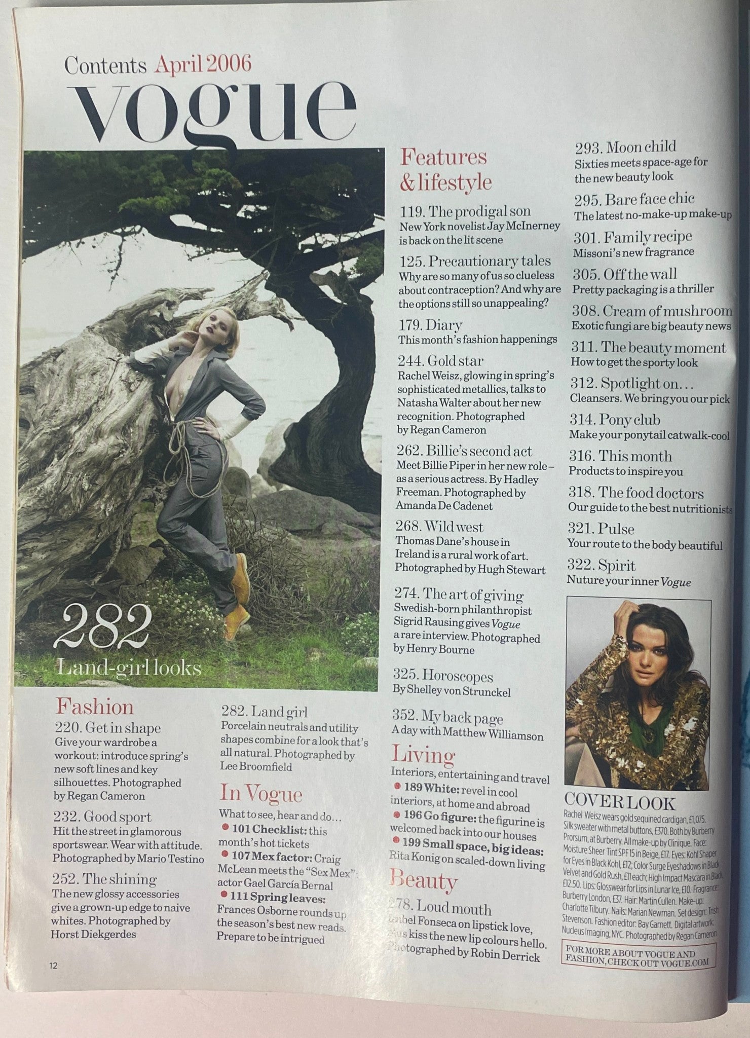 Contents page of Vogue British Magazine April 2006, featuring articles on fashion, beauty, and lifestyle, including a focus on 'Land Girl' looks and a cover feature on Rachel Weisz.