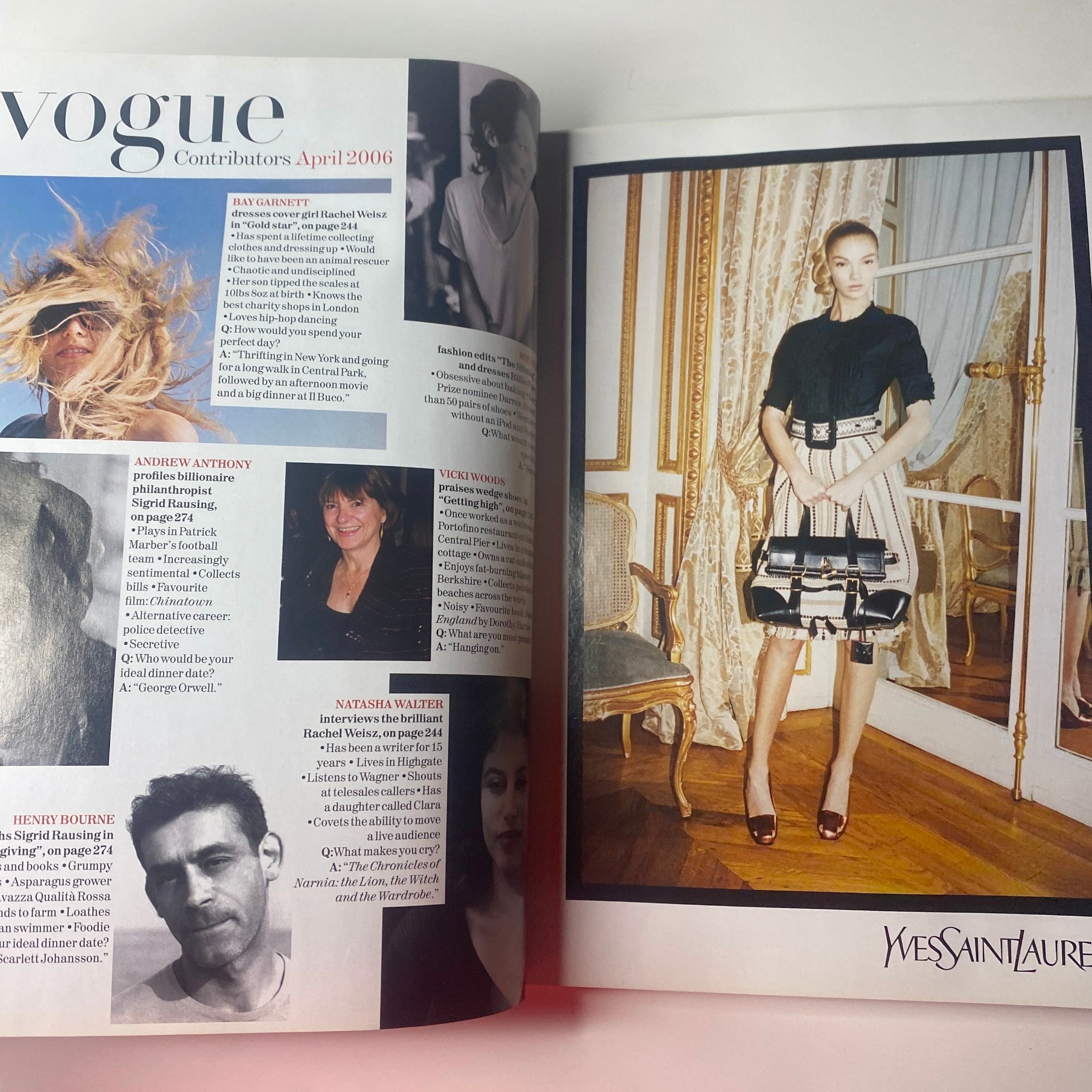 Contributors page of Vogue British Magazine April 2006, including profiles and images of fashion figures and contributors, featuring Rachel Weisz on the cover.