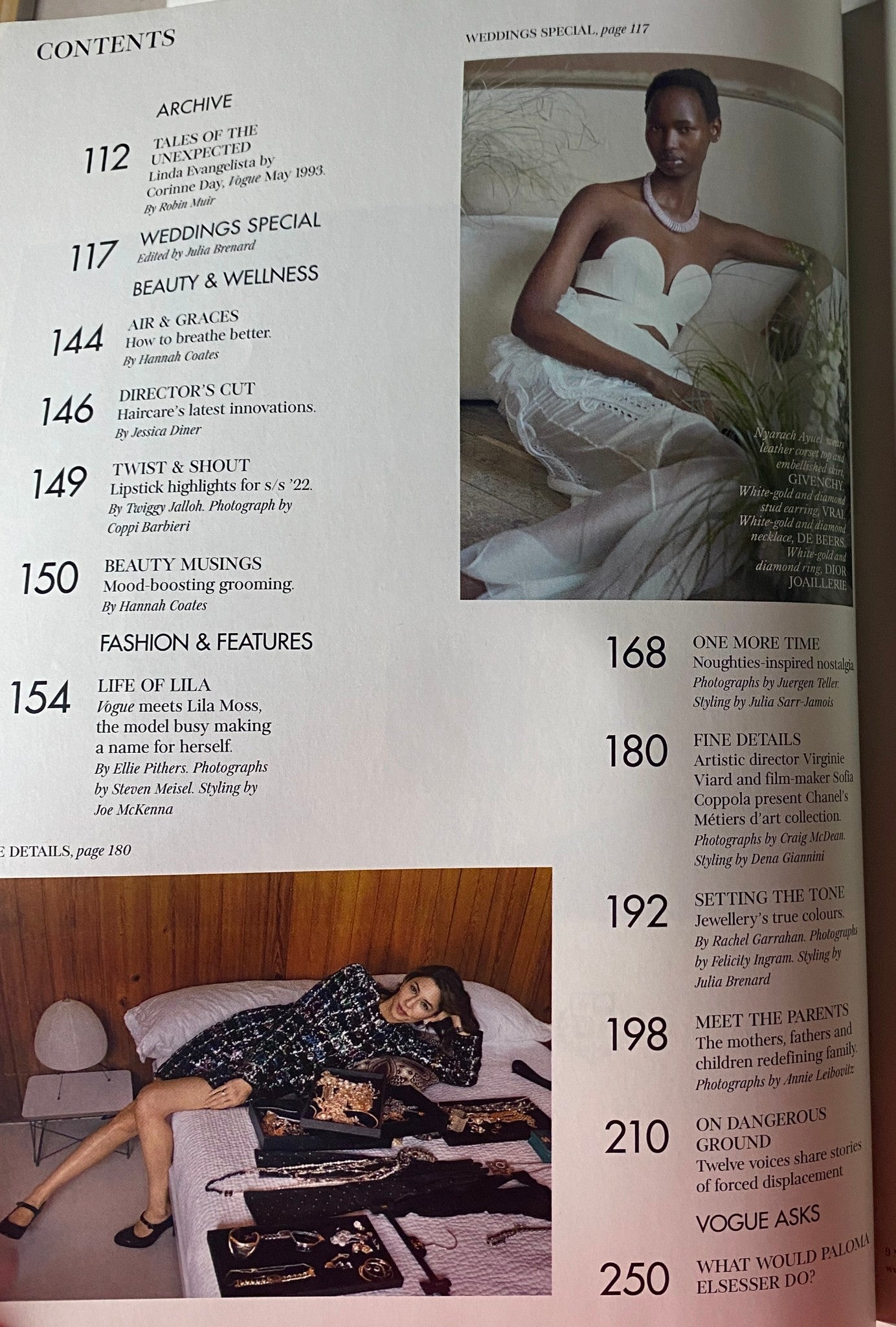 Contents page of Vogue British Magazine May 2022, showcasing features like Life of Lila Moss and various fashion, beauty, and wellness articles.