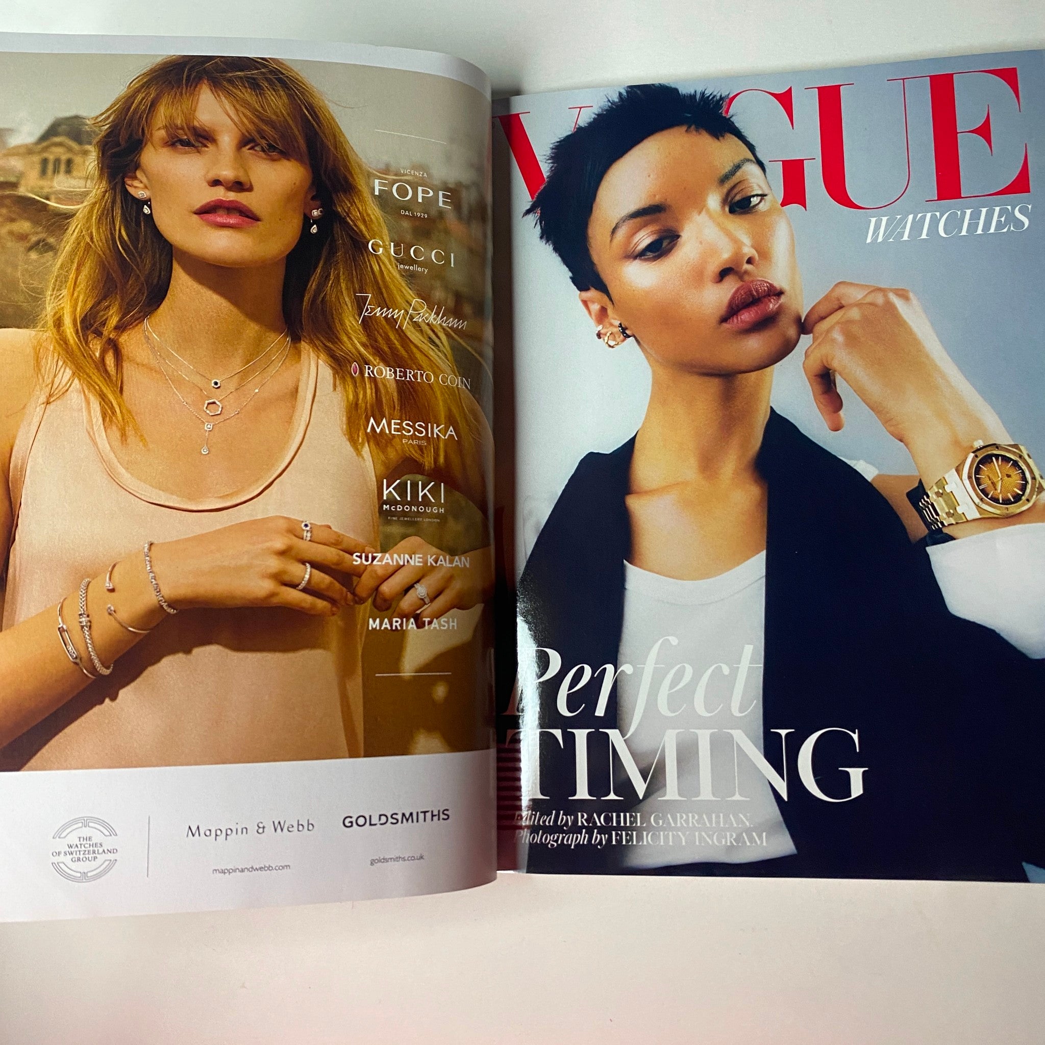 Advertisement in Vogue British Magazine May 2022 for Vogue Watches, displaying jewelry styles worn by models.