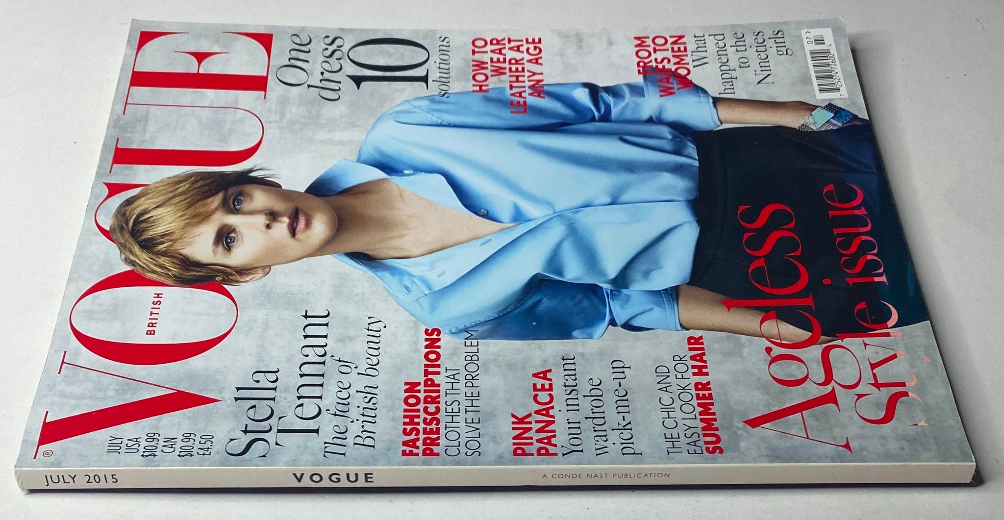 Vogue British Magazine July 2015 with Stella Tennant Cover, emphasizing chic summer styles. The magazine's engaging layout promotes various fashion insights.