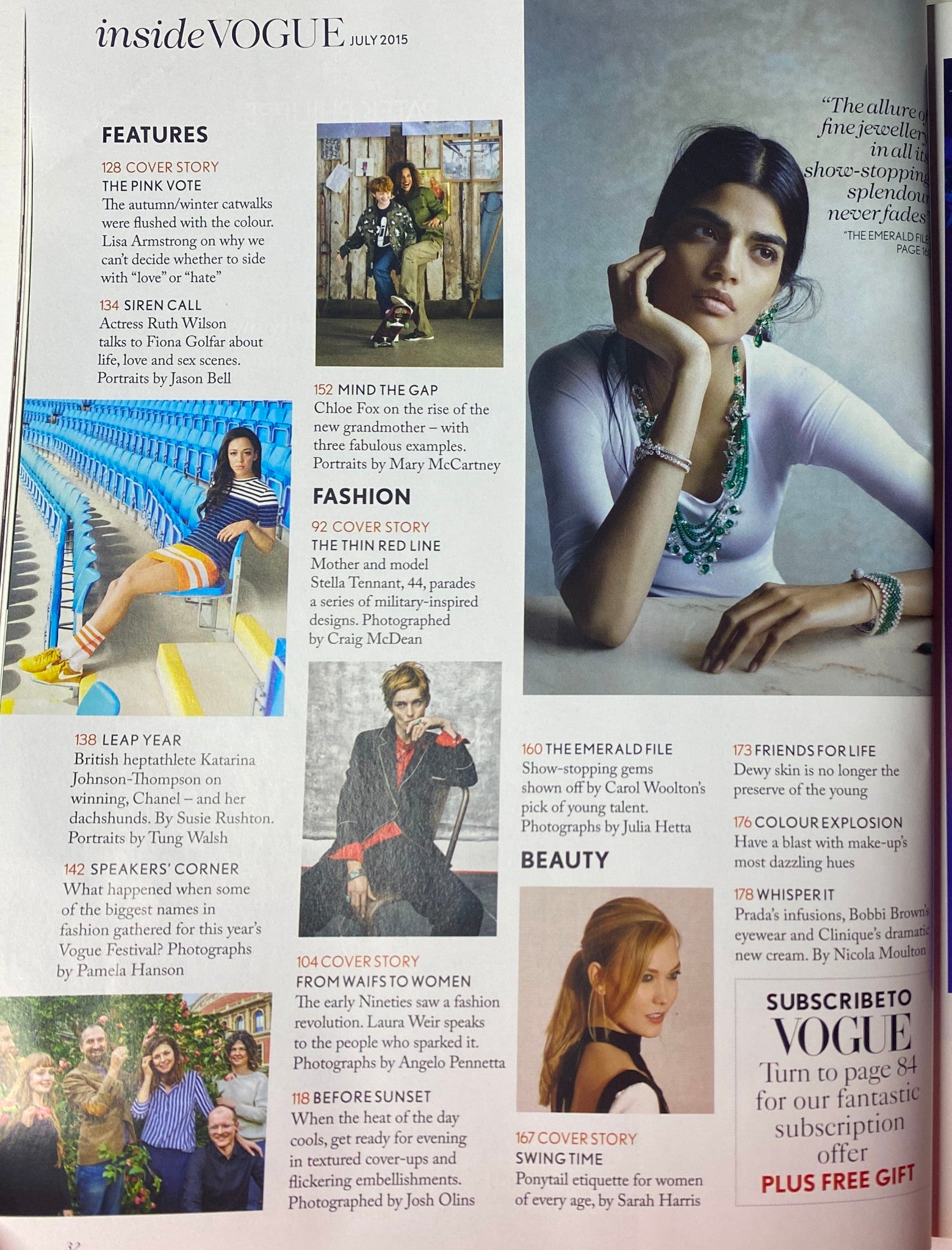 Inside content page of Vogue British Magazine July 2015, detailing feature stories including 'The Pink Vote' and 'Mind the Gap,' highlighting fashion and cultural topics.
