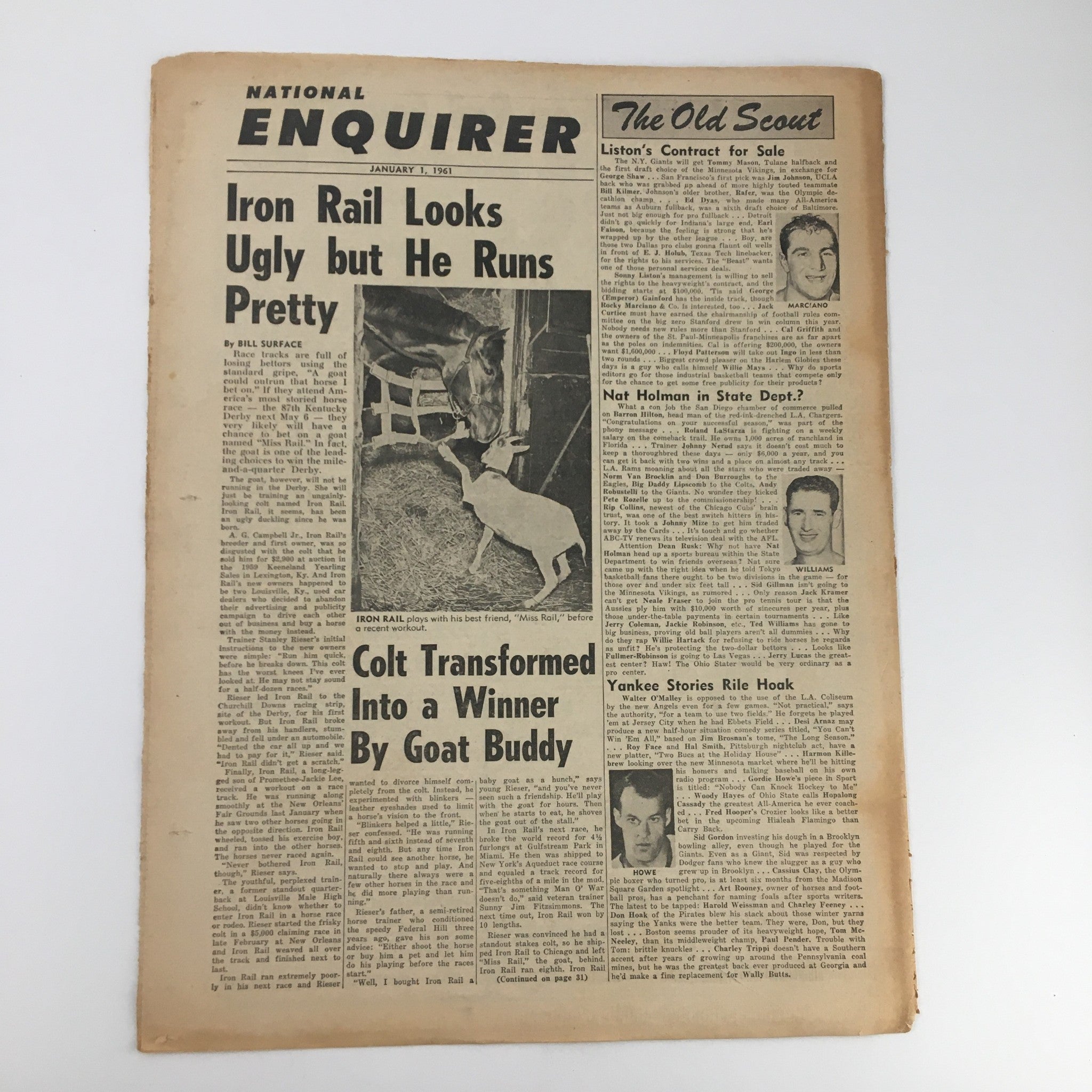 Front page of National Enquirer Paper January 1 1961, presenting the article 'Colt Transformed Into a Winner By Goat Buddy' along with other headlines.