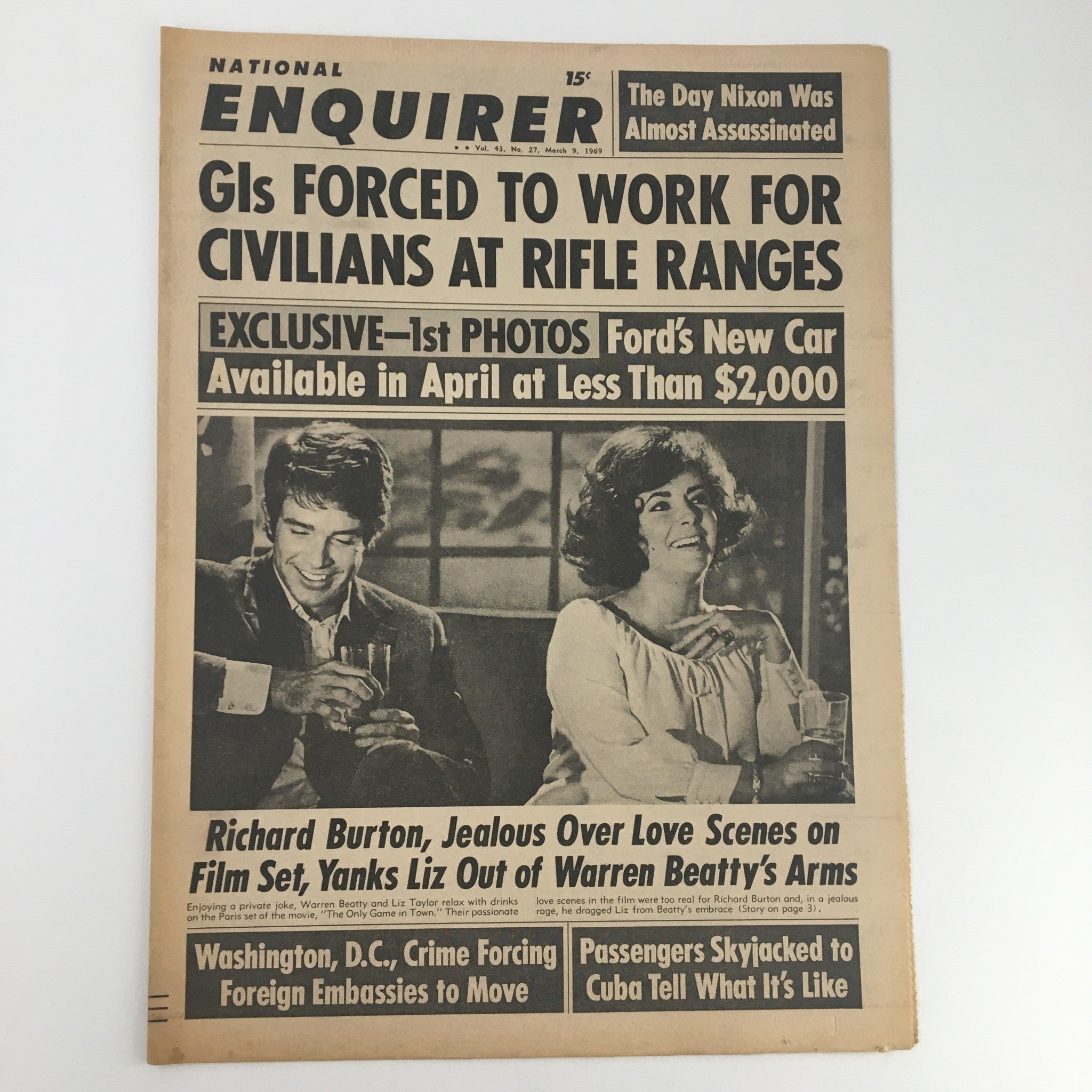 Vintage National Enquirer Newspaper from March 9, 1969 featuring Richard Burton and Elizabeth Taylor, capturing headlines about their relationship and cultural events of the 1960s.