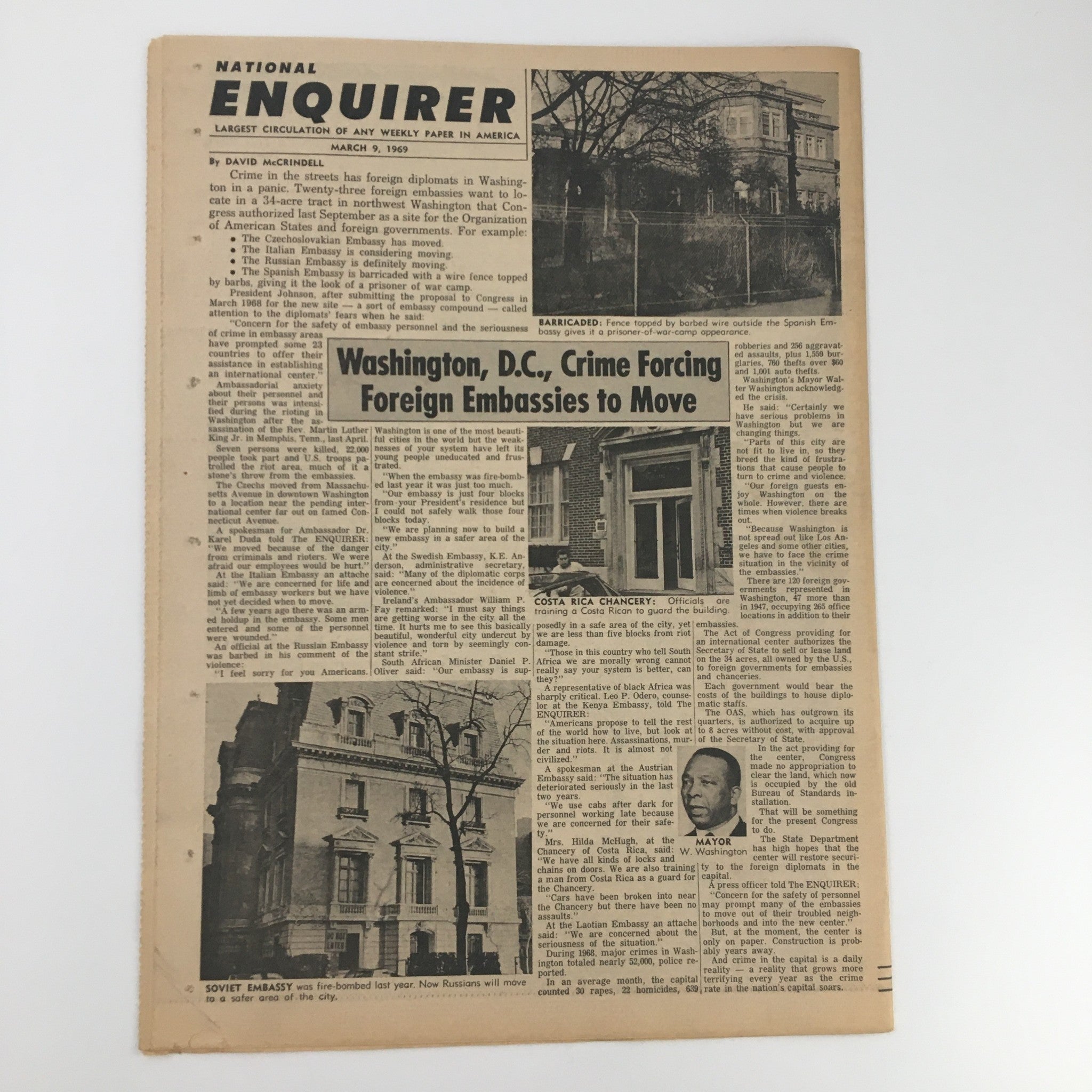 National Enquirer Newspaper March 9, 1969 displaying an article about Washington D.C. crime and foreign embassies, including historical imagery and newspaper design.