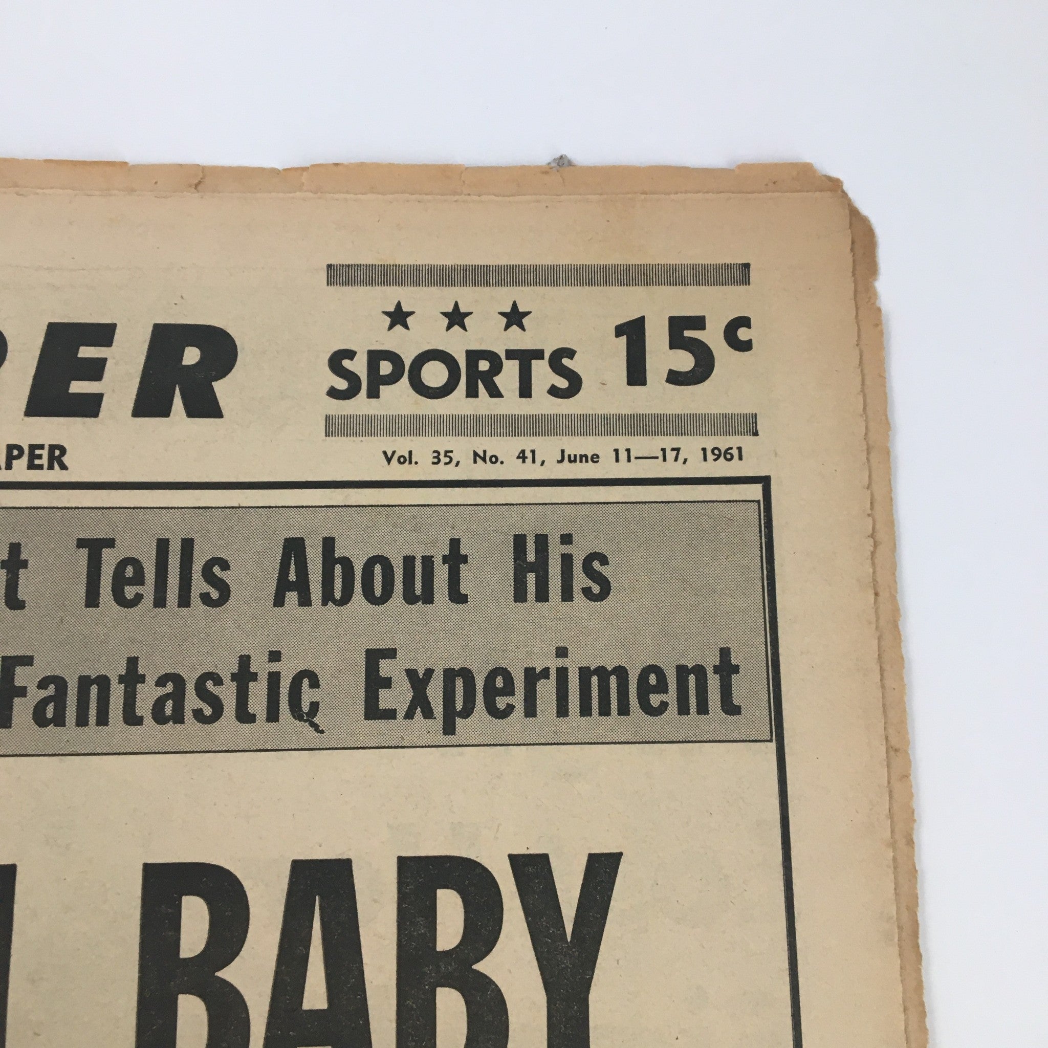 National Enquirer Newspaper June 11 1961 cover featuring the headline about a human baby created in a lab that lived for two months, with additional details about the experiment.