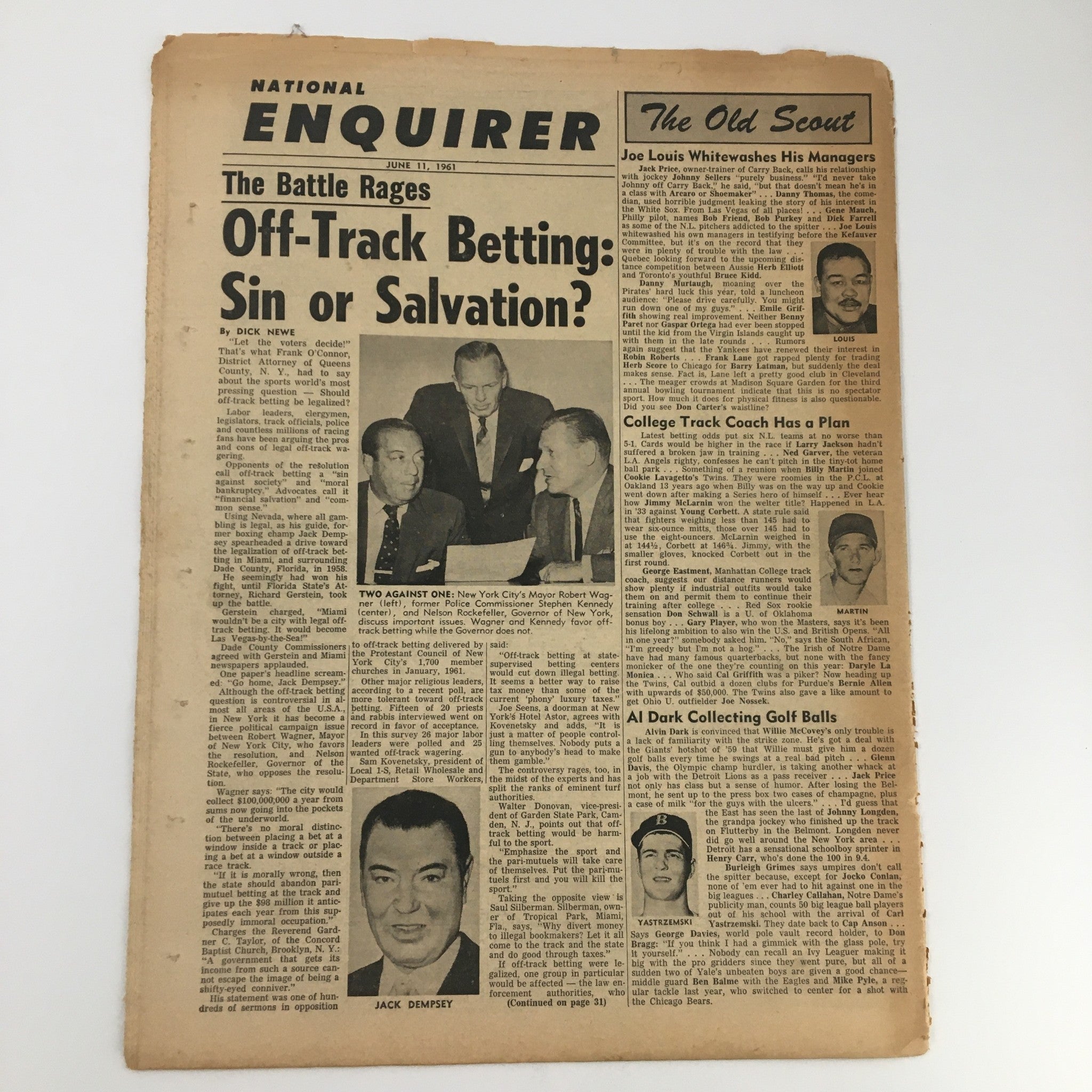 Interior page of National Enquirer Newspaper from June 11 1961 discussing various topics including off-track betting, along with a notable image of Jack Dempsey.