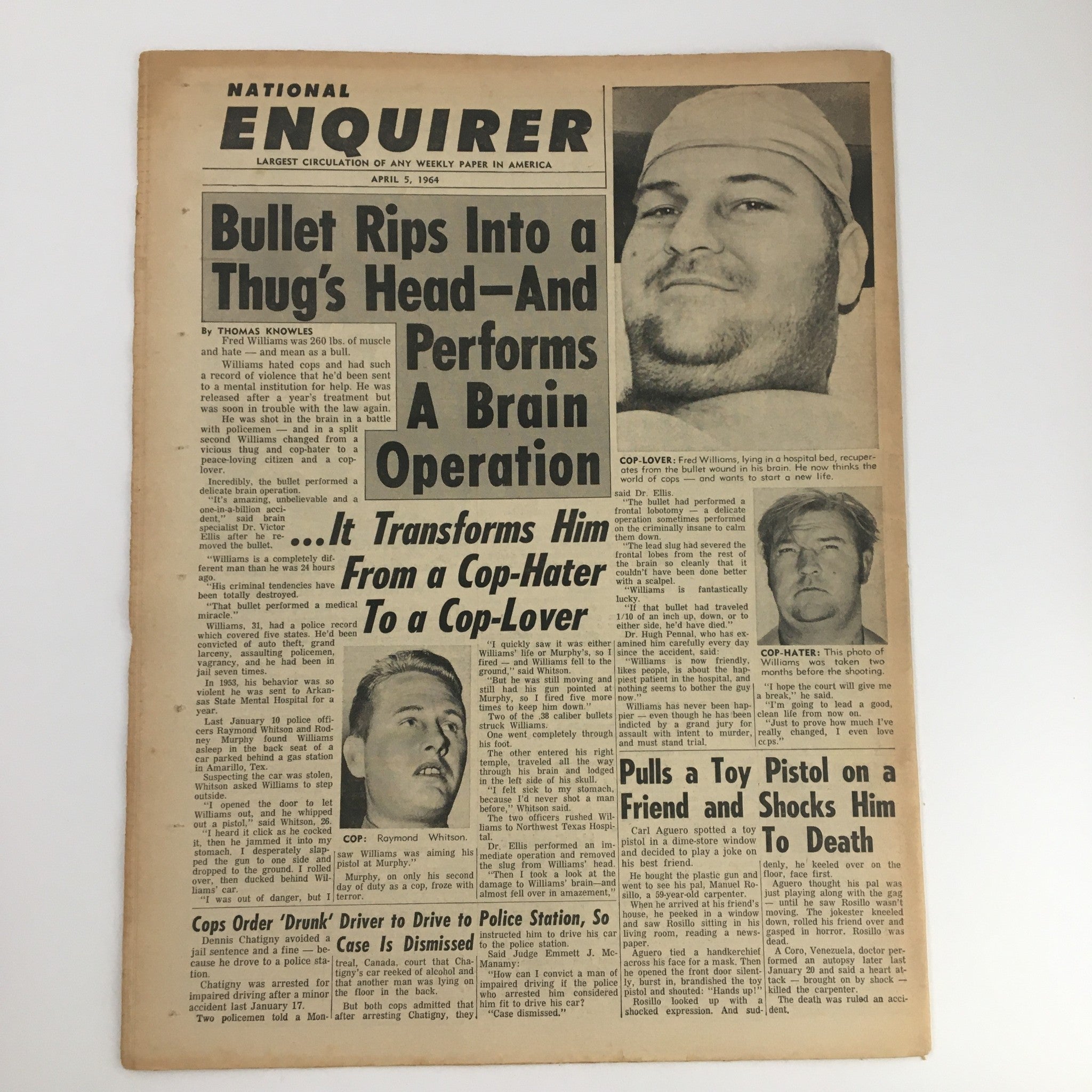 National Enquirer Newspaper April 5 1964 displaying a striking cover story about a brain operation, reflecting the sensational news style of the era.