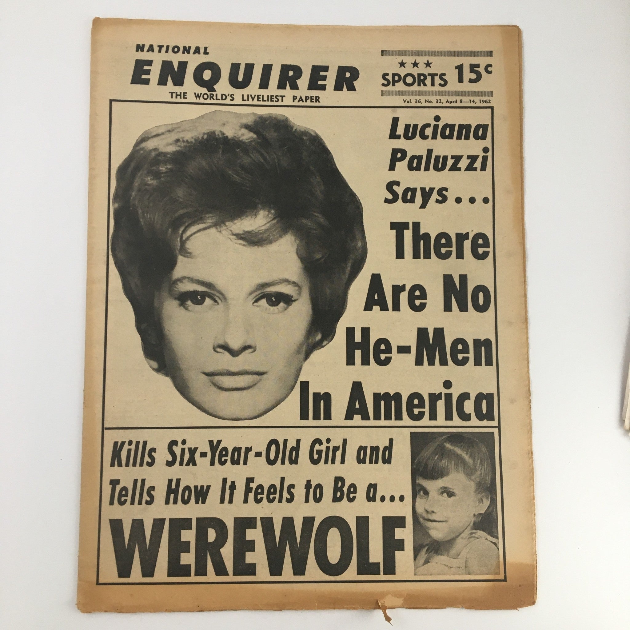 National Enquirer Newspaper from April 8, 1962, featuring Luciana Paluzzi on the cover with headlines discussing a six-year-old girl and werewolf claims.