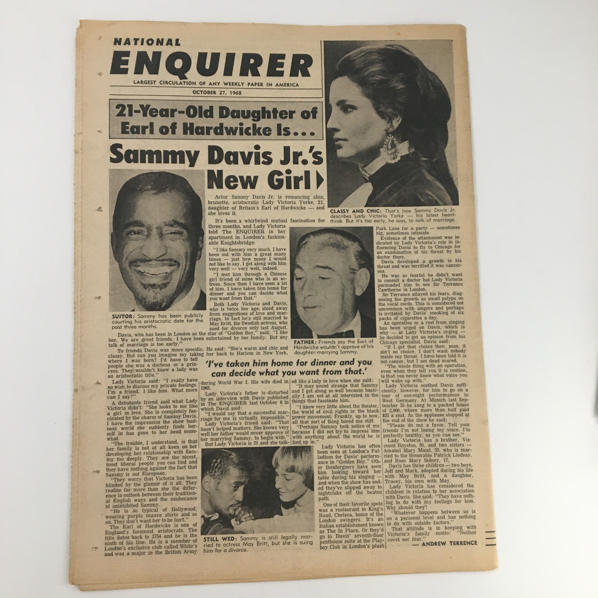 Article page from the National Enquirer dated October 27, 1968 discussing Sammy Davis Jr.'s new romantic interest, with featured images and headlines related to celebrity news.