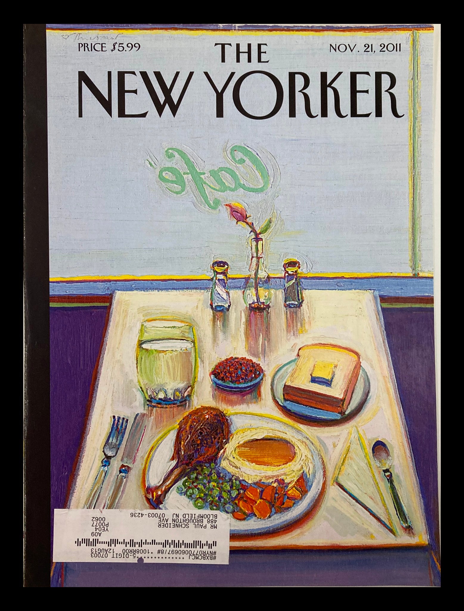 COVER ONLY The New Yorker November 21 2011 Longernbach Dinner by Wayne Thiebaud