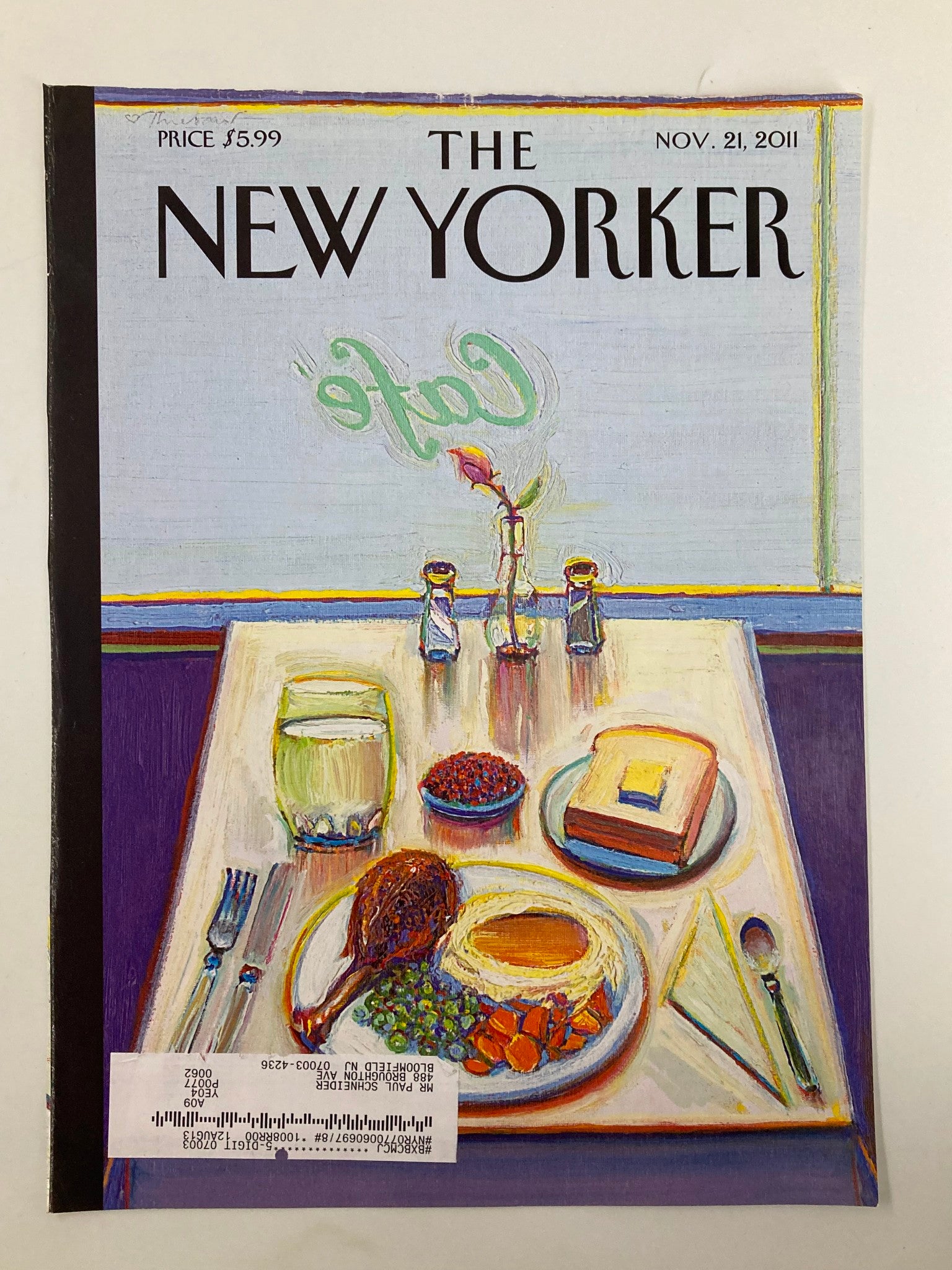 COVER ONLY The New Yorker November 21 2011 Longernbach Dinner by Wayne Thiebaud