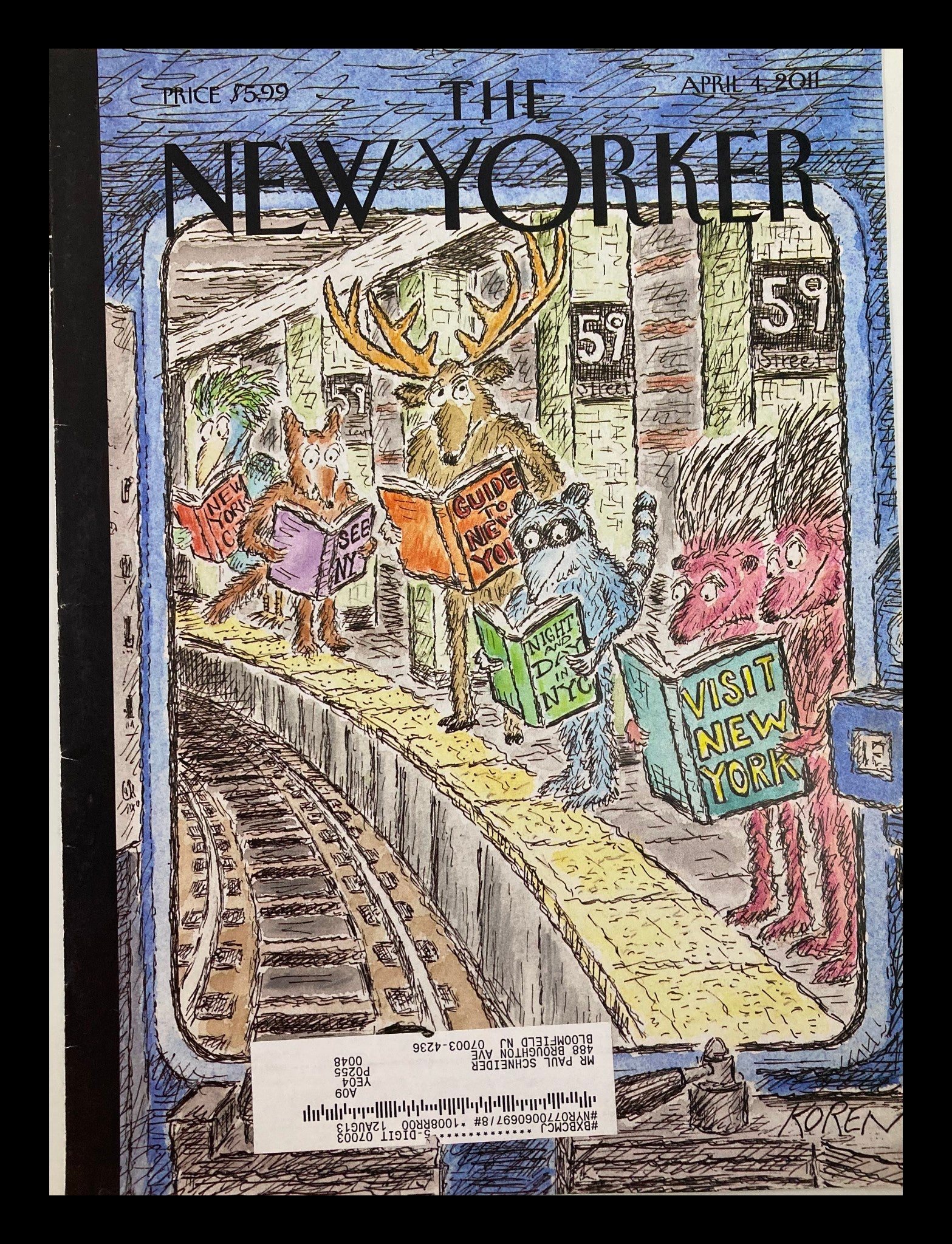 COVER ONLY The New Yorker April 4 2011 In Transit by Edward Koren