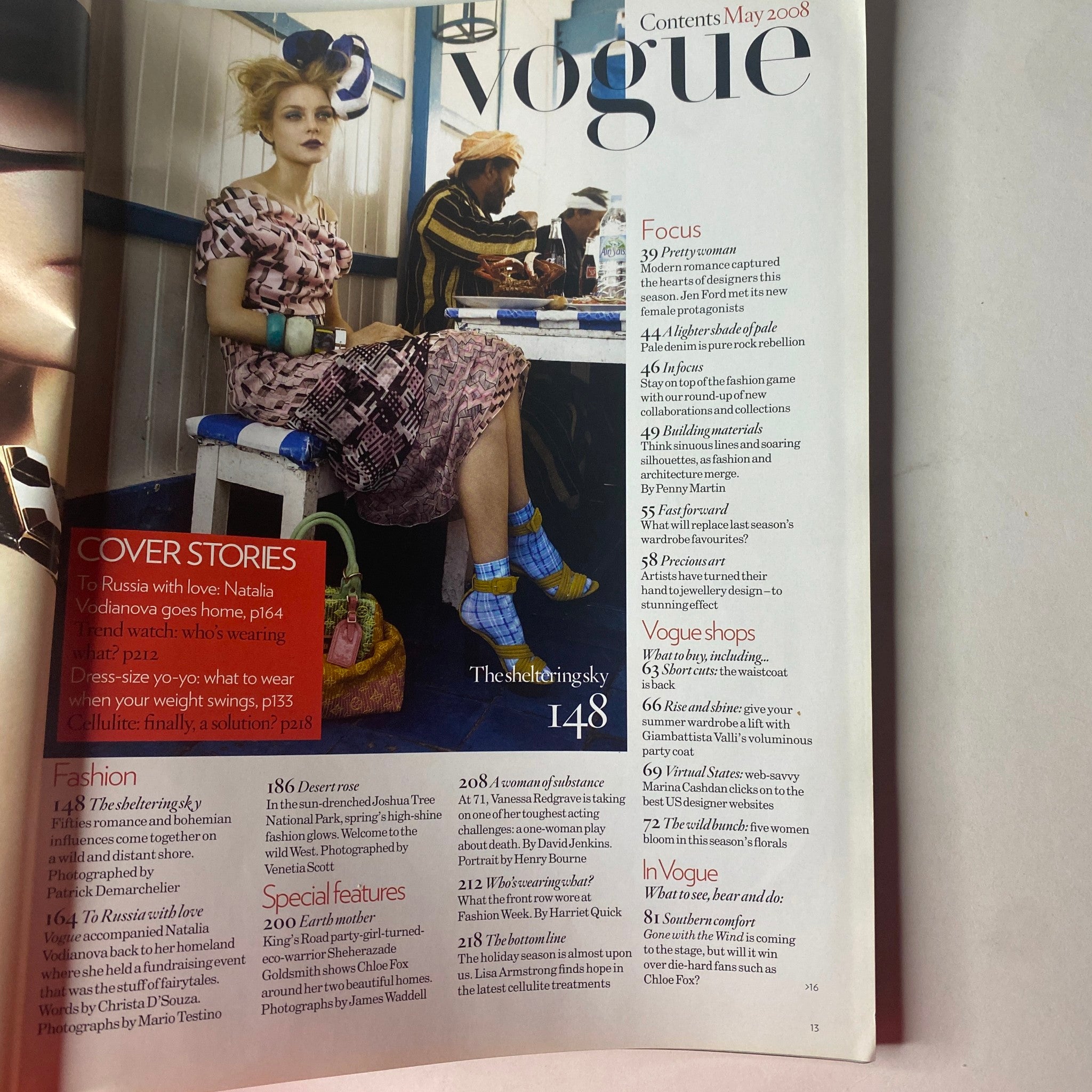 Contents page of Vogue British Magazine May 2008, featuring a photo of a model in stylish attire, listing articles and features including 'To Russia With Love' and 'The Sheltering Sky'.