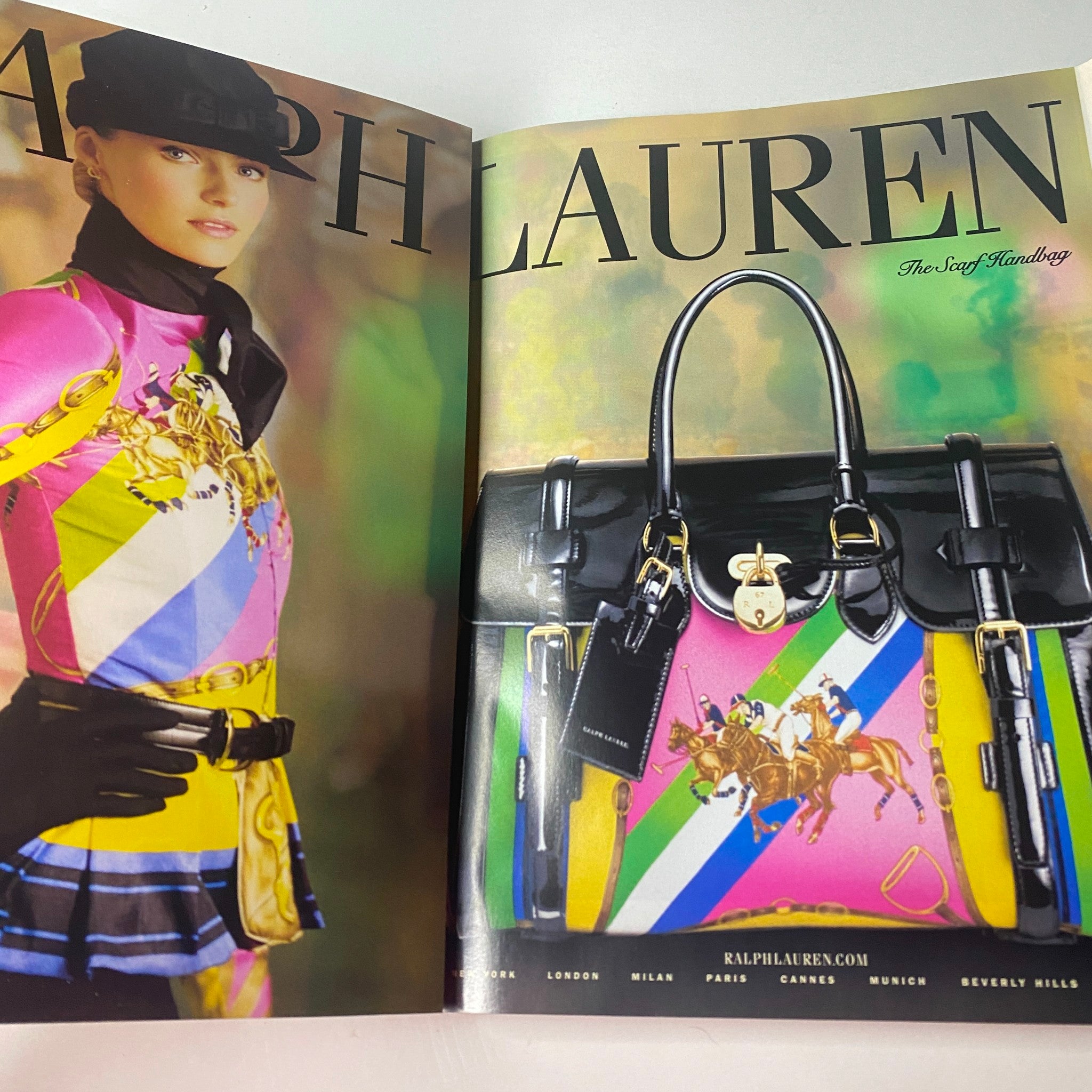 Ralph Lauren advertisement featured in Vogue British Magazine May 2008 showcasing vibrant fashion and a stylish handbag.