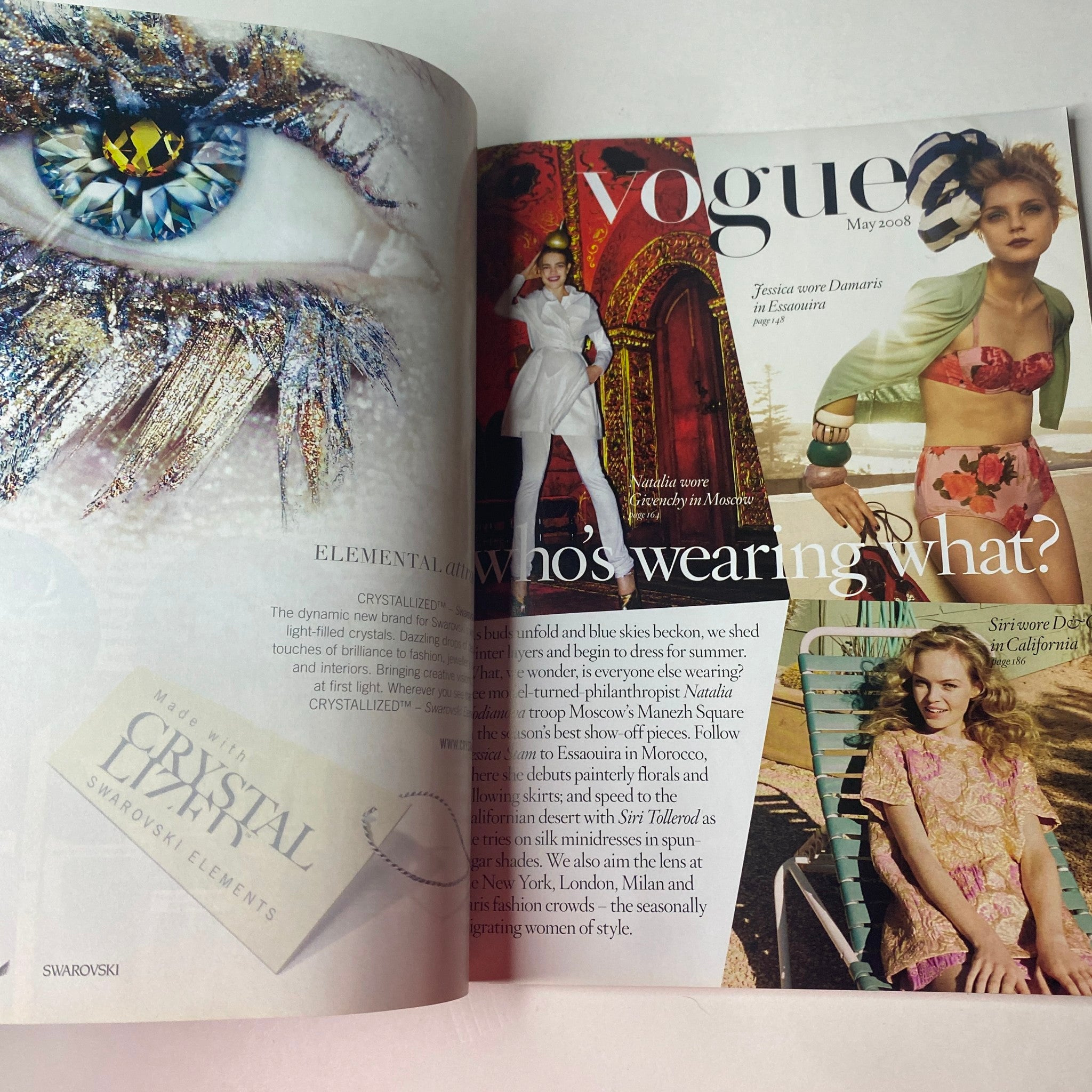Vogue British Magazine May 2008 page highlighting beauty and fashion pieces, featuring the article 'Who’s Wearing What?'