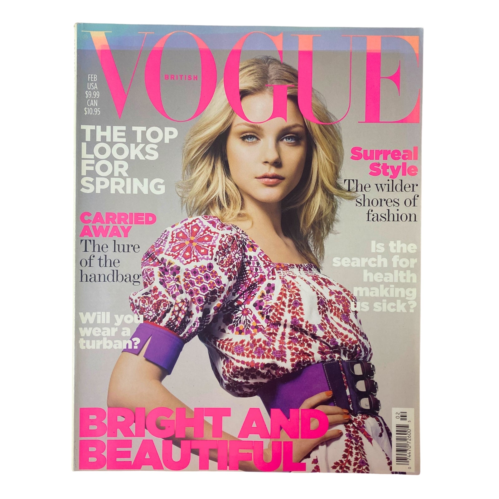 Vogue British Magazine cover from February 2007 featuring Jessica Stam, showcasing spring fashion with highlights on surreal style and handbag trends, perfect for collectors and fashion enthusiasts.