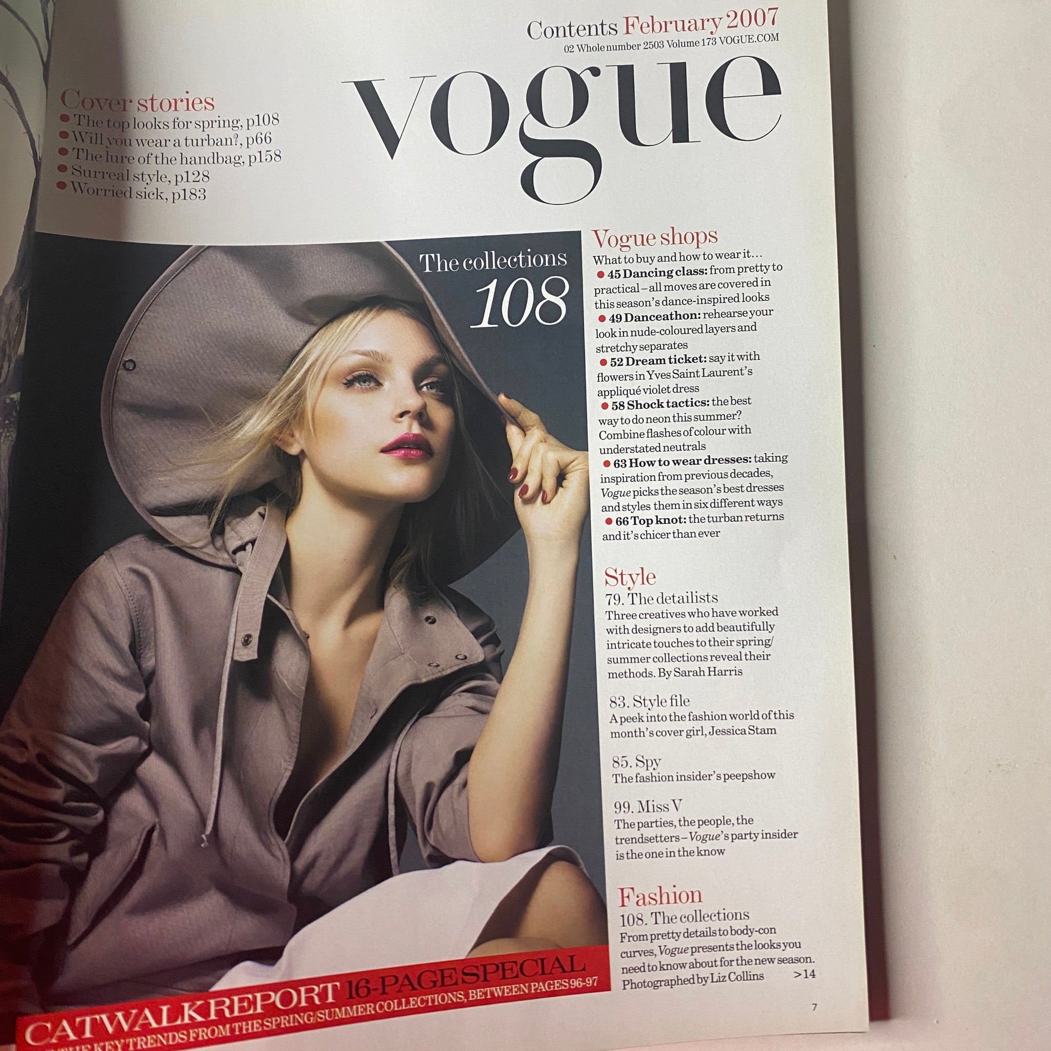 Contents page of Vogue British Magazine February 2007, highlighting key sections including fashion collections, Vogue shops, and style insights, with an image of a model showcasing a spring look.