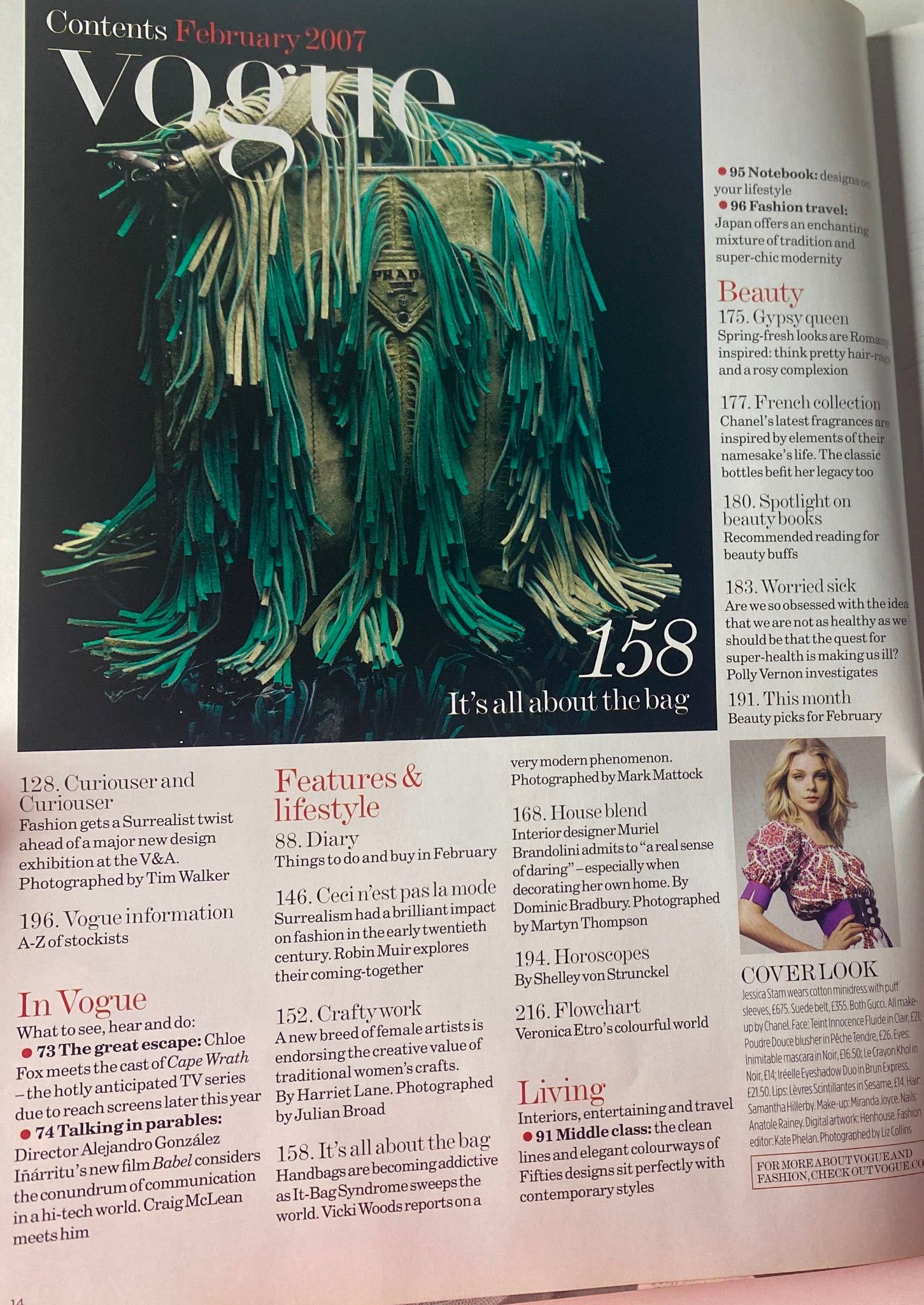 Another contents page of Vogue British Magazine February 2007, featuring sections on bags, beauty trends, and notable articles, with a focus on elegant fashion photography.
