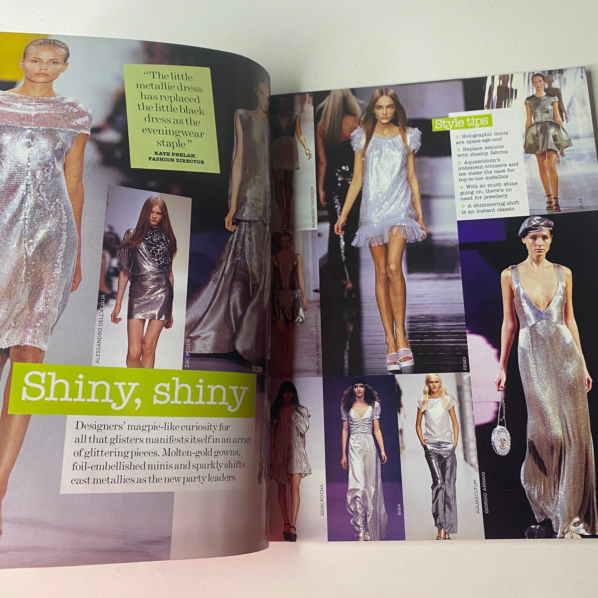 Stylish editorial page from Vogue British Magazine February 2007, showcasing metallic dresses and party trends, emphasizing the glamorous fashion of the spring season.