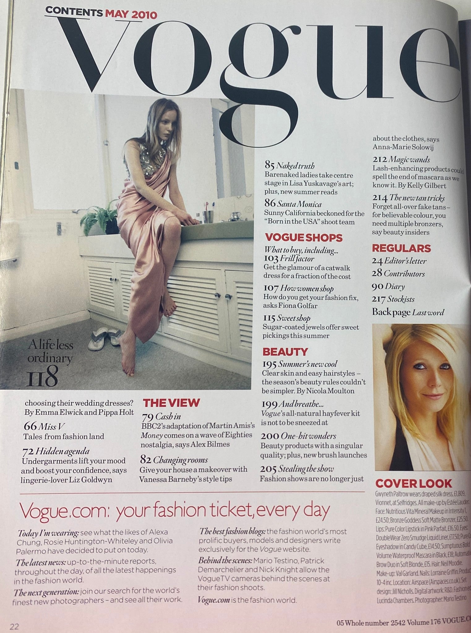Table of contents from Vogue British Magazine May 2010, detailing articles including wedding dress inspiration and fashion insights.