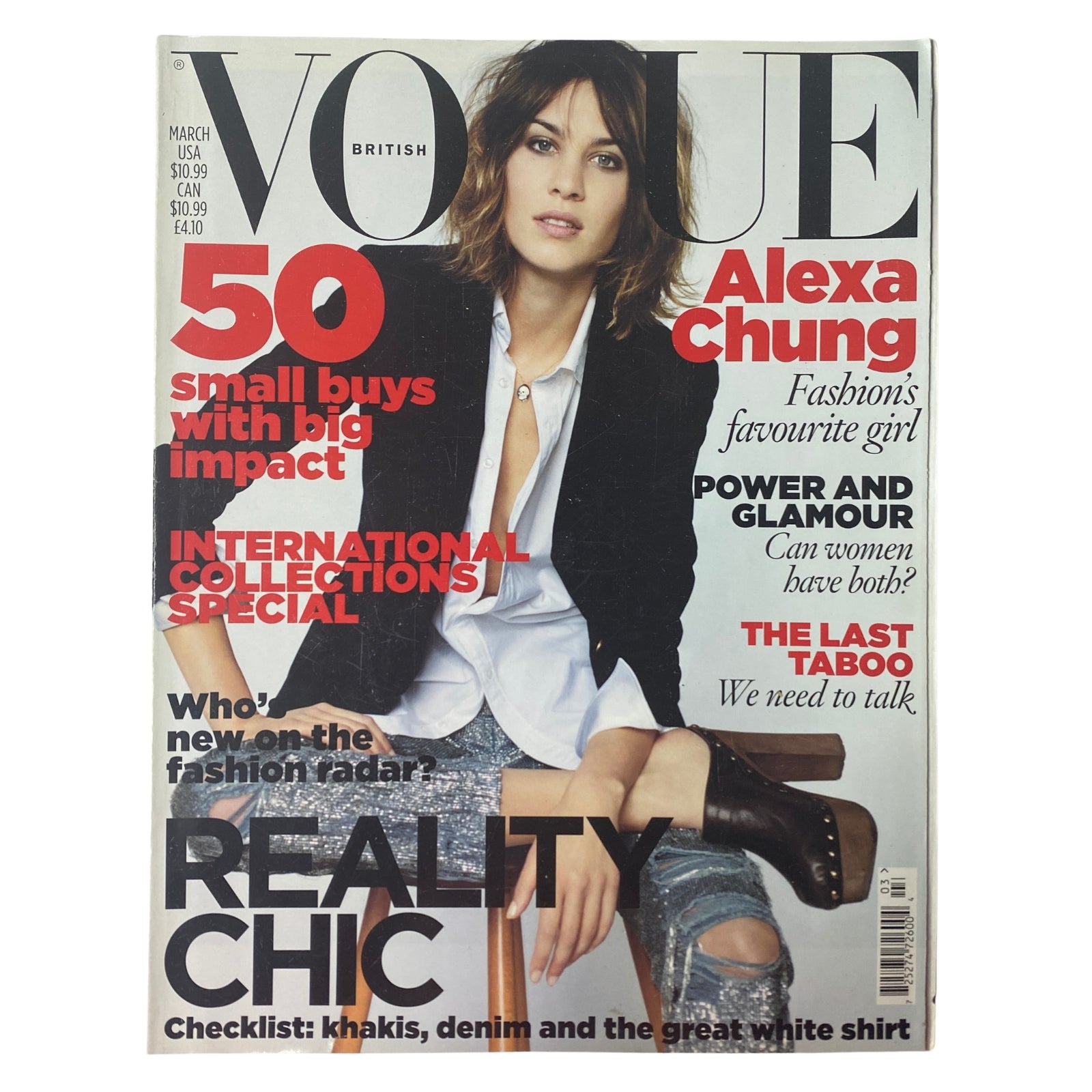 Cover of Vogue British Magazine March 2010 featuring Alexa Chung. The cover includes headlines about fashion impacts, International Collections Special, and topics on women's power. A stylish representation of early 2010s fashion.