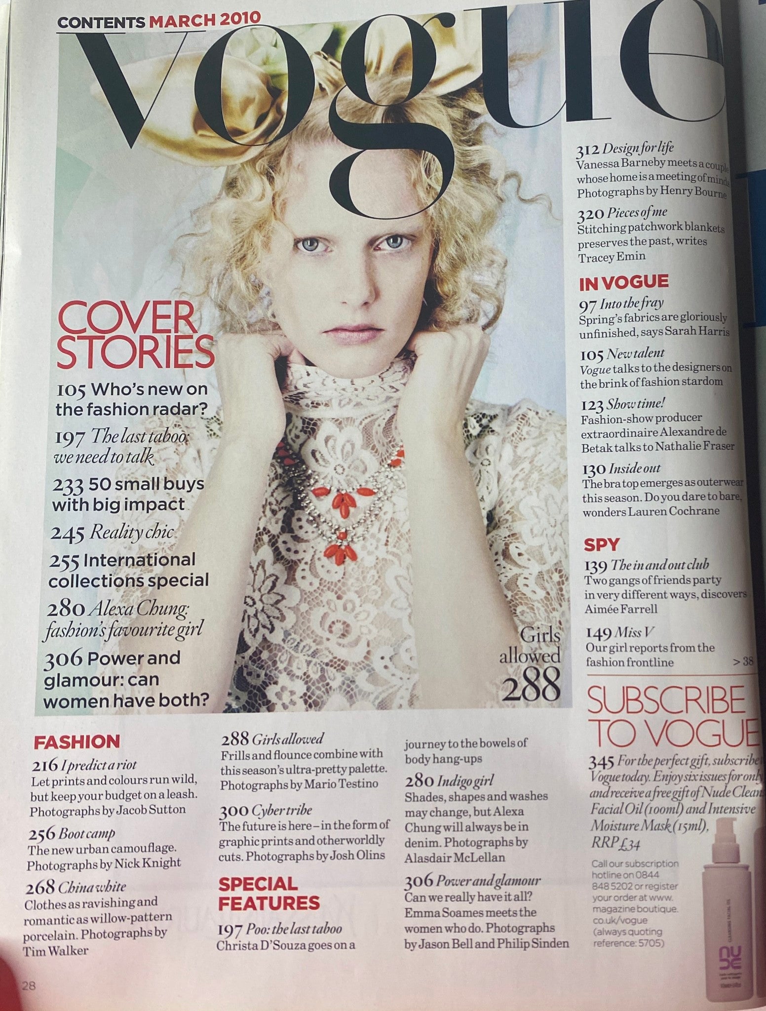 Contents page of Vogue British Magazine March 2010 listing feature articles including cover stories and fashion sections. Notable features include a spotlight on Alexa Chung and themes of power and glamour.