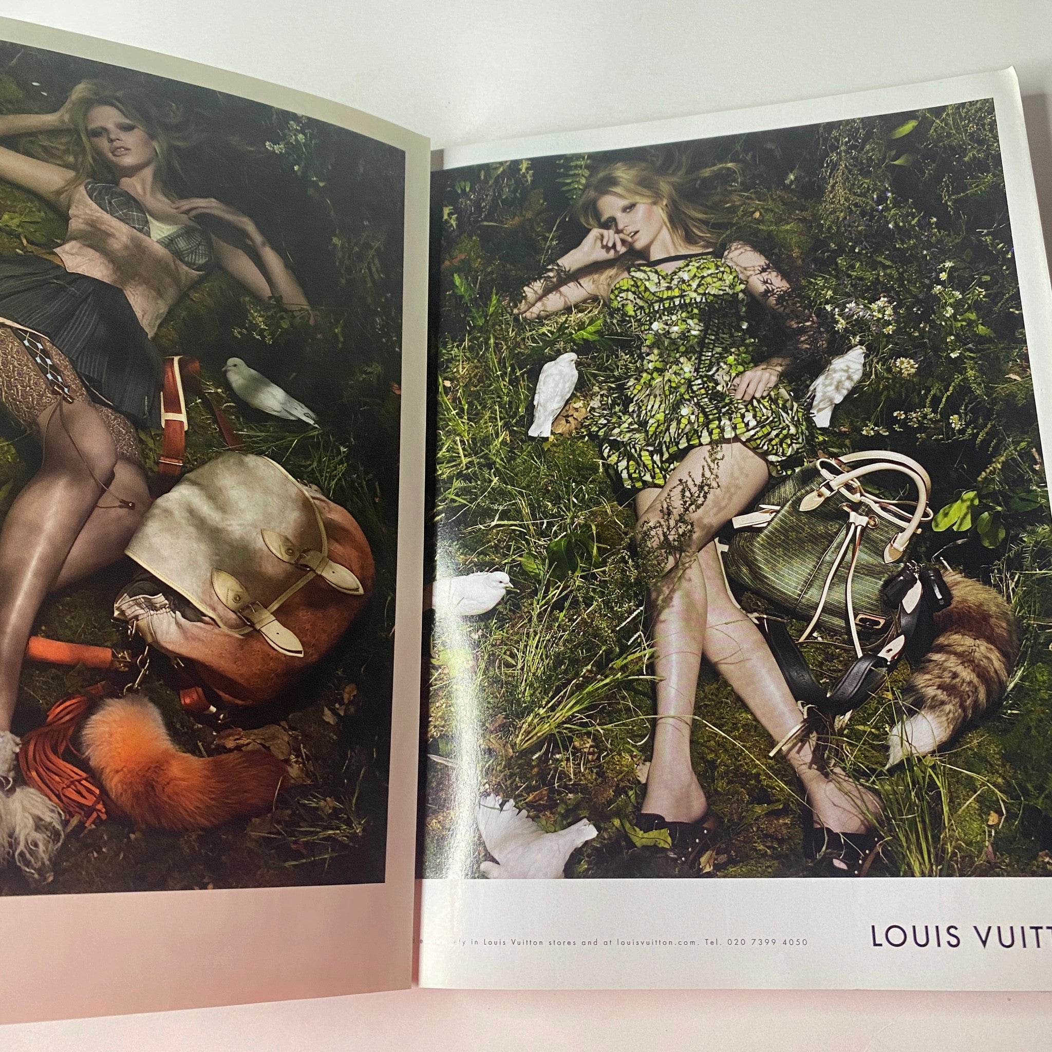 Vogue British Magazine March 2010 showcasing a Louis Vuitton advertisement with a model lying in a natural setting surrounded by wildlife.