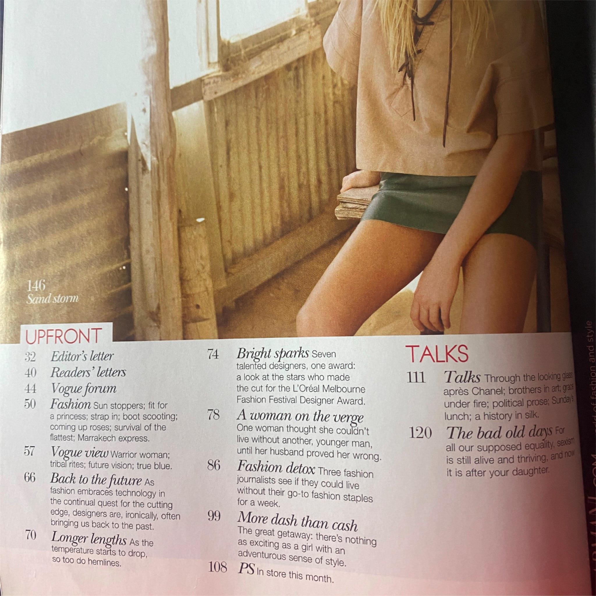 Vogue Australia Magazine May 2010 Elyse Taylor Cover No Label featuring contents page with details on Upfront sections including Editor's letter and Talks.