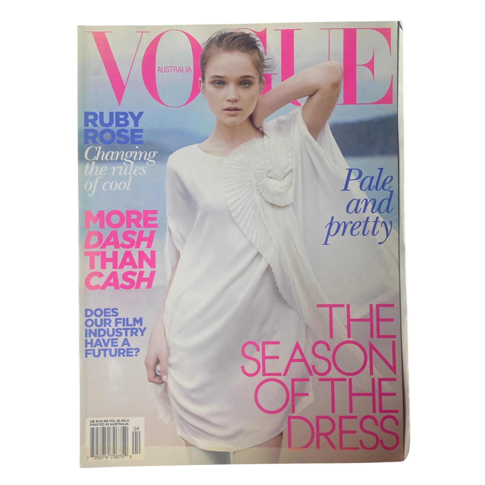 Vogue Australia Magazine April 2010 Rosie Tupper Cover showcasing the cover design featuring the model in a white dress with the text 'The Season of the Dress'.