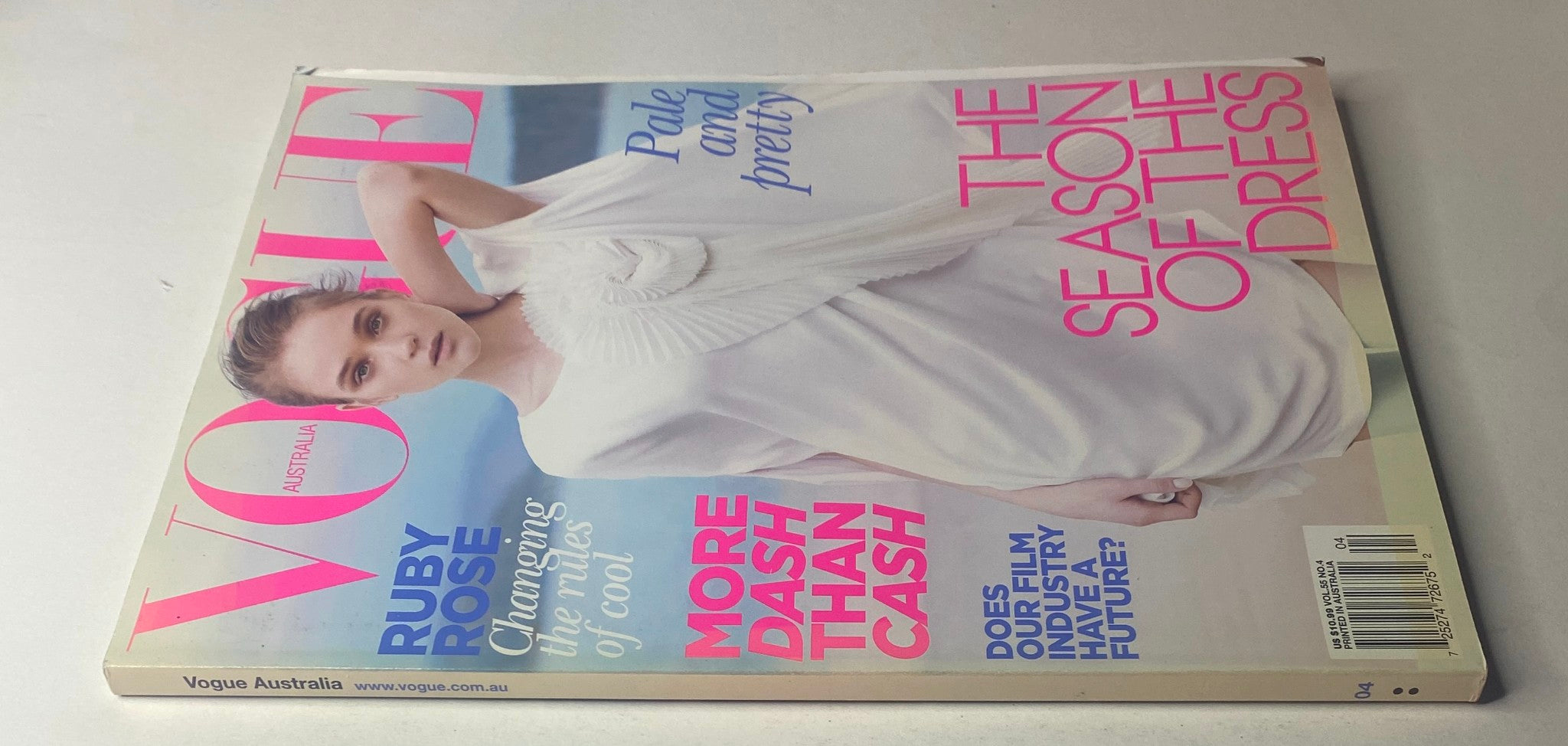 Back view of Vogue Australia Magazine April 2010 featuring Rosie Tupper's cover, highlighting the publication's branding and the text 'The Season of the Dress'.