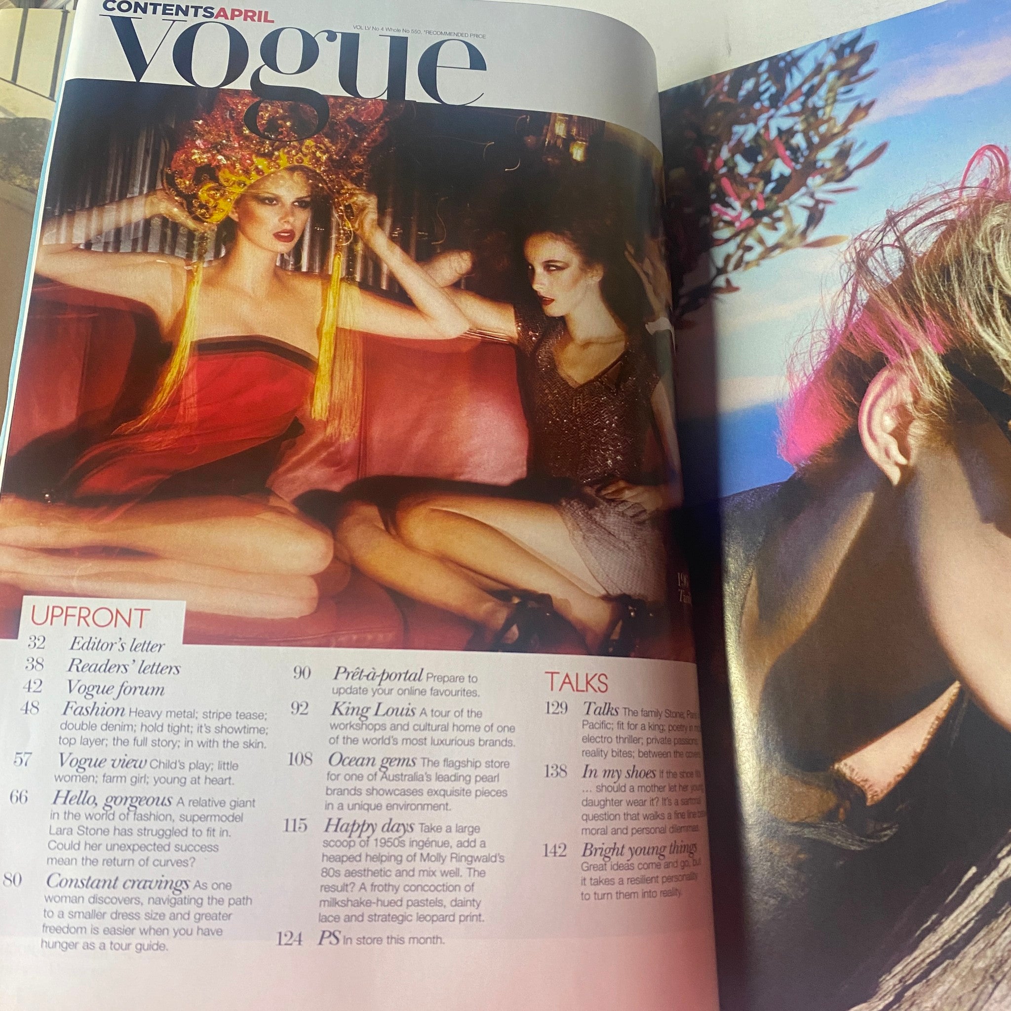 Inside pages of Vogue Australia Magazine April 2010 displaying the table of contents with various featured articles including 'Editor's Letter' and 'Vogue Forum'.