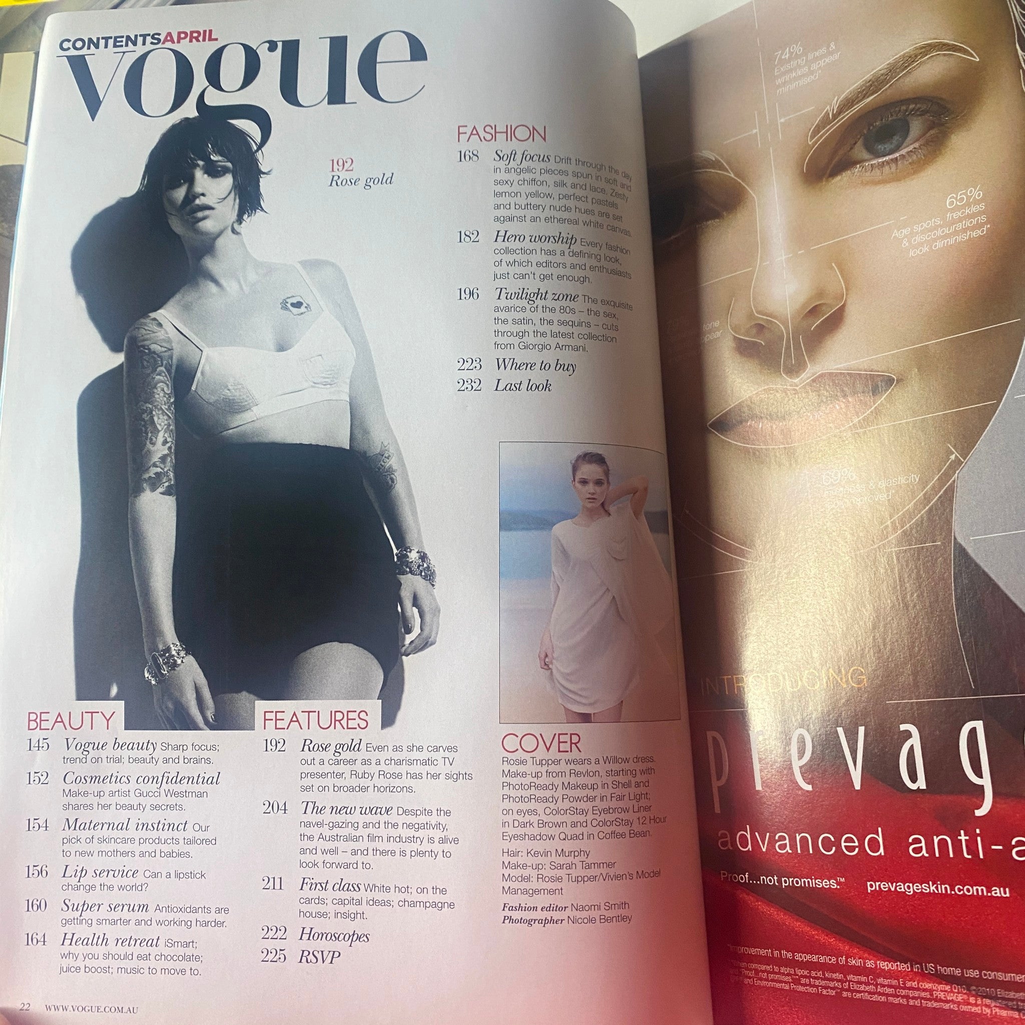 Fashion and beauty content from Vogue Australia Magazine April 2010, showcasing features like 'Rose Gold', 'Maternal Instinct', and promotional layouts.