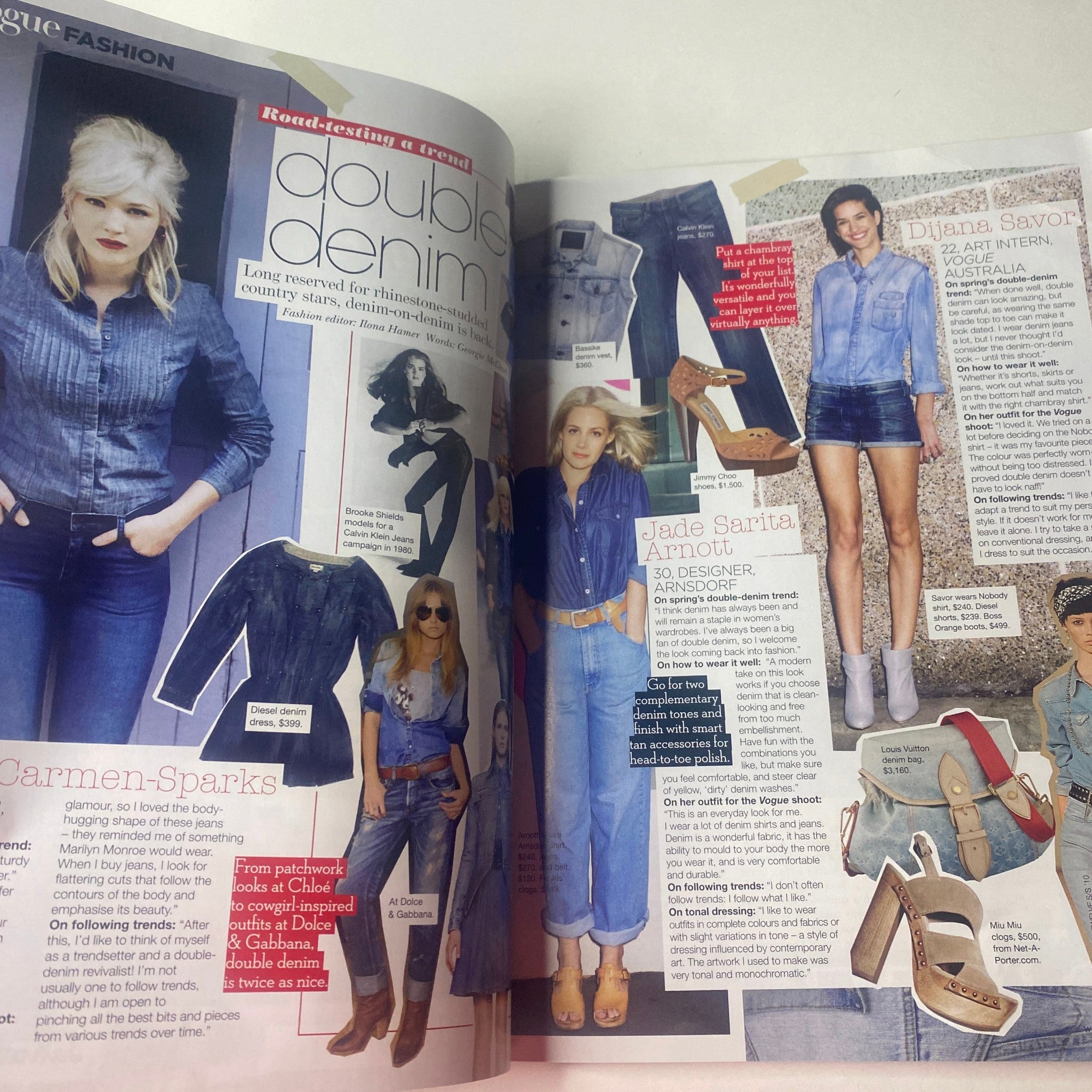 Fashion editorial in Vogue Australia Magazine April 2010 highlighting double denim trends with various styled outfits and accessories.