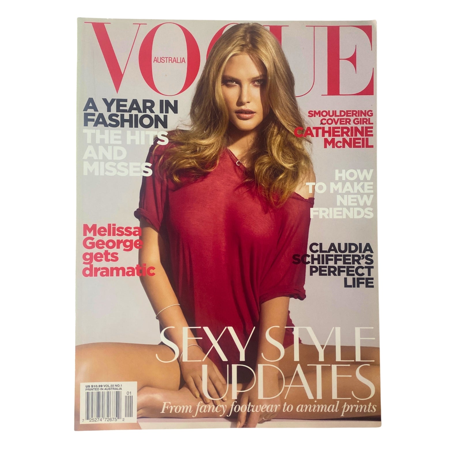 Cover of Vogue Australia Magazine January 2010 featuring supermodel Catherine McNeil in a striking red outfit, highlighting sexy style updates and themes of the fashion industry.