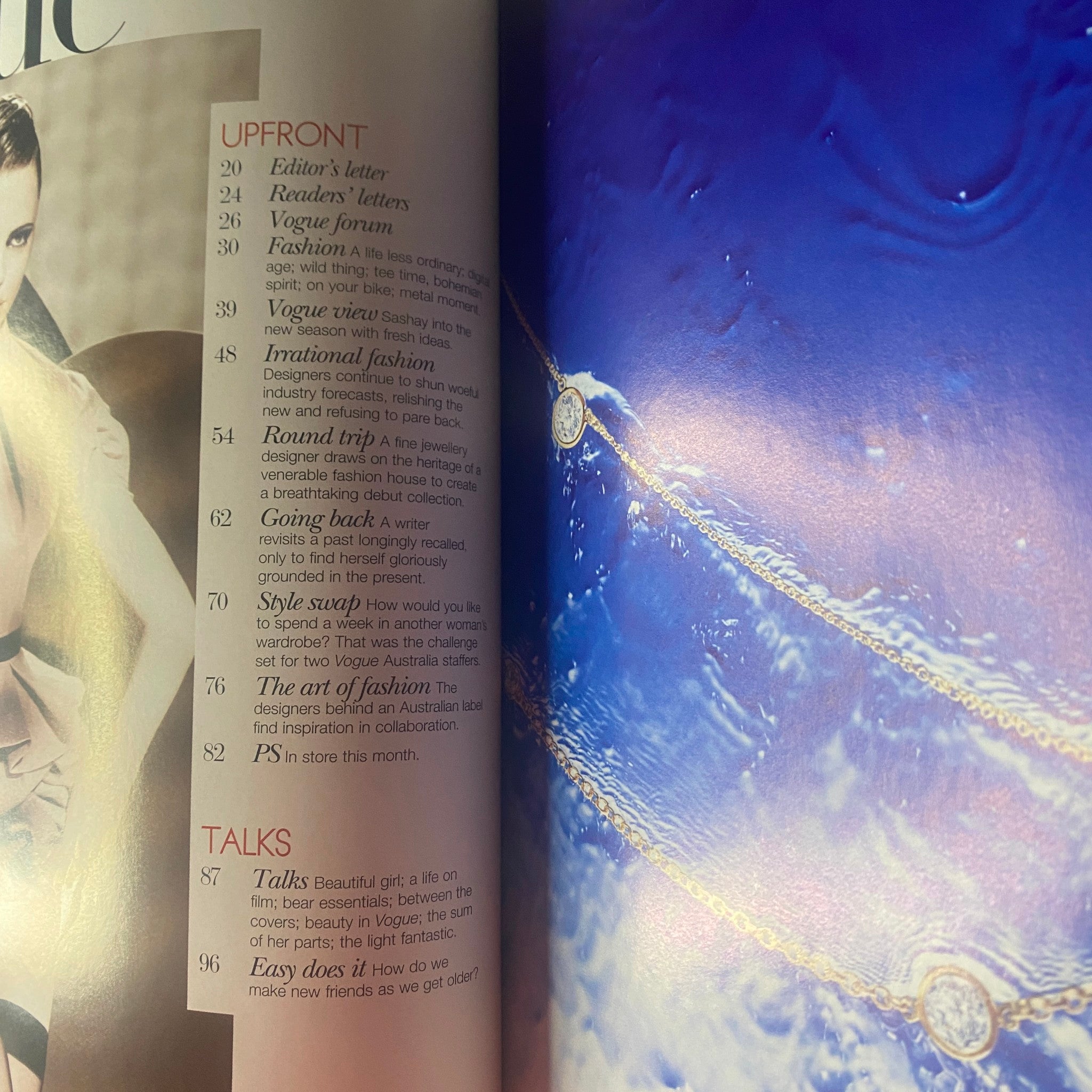 Contents page of Vogue Australia Magazine January 2010, listing features such as the editor's letter and international fashion, reflecting the magazine's editorial focus and diverse topics.