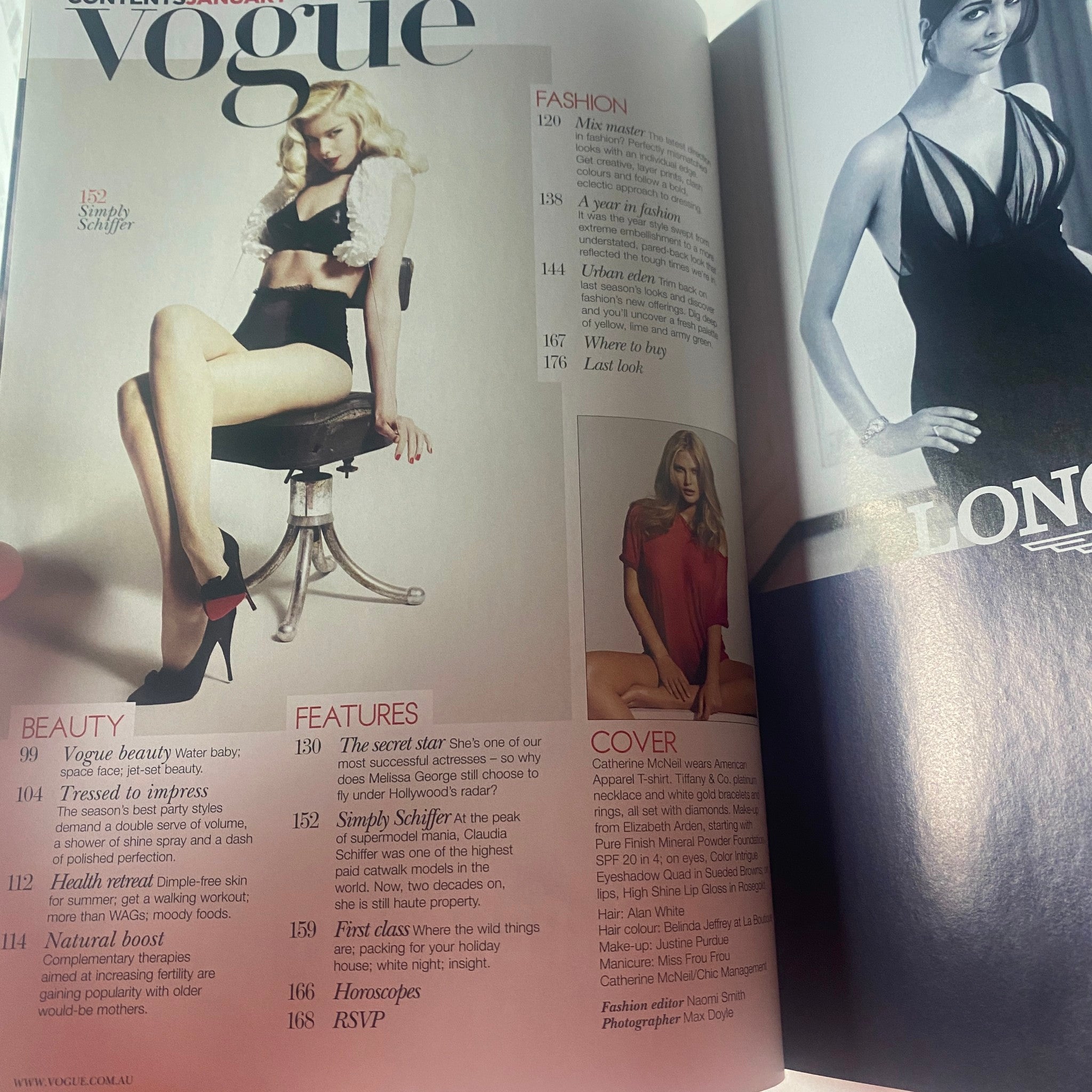 Vogue Australia Magazine January 2010 Catherine McNeil Cover, featuring a beauty and fashion editorial. The image showcases a model posing elegantly in a stylish outfit with fashion highlights from the issue.