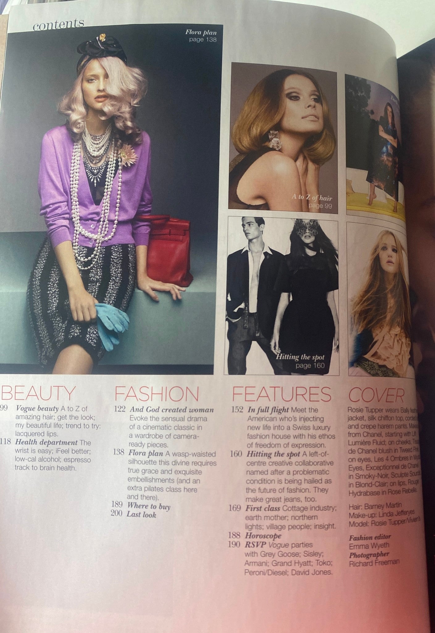 Contents page of Vogue Australia Magazine May 2009 highlighting sections on beauty, fashion, and features, including model Rosie Tupper.