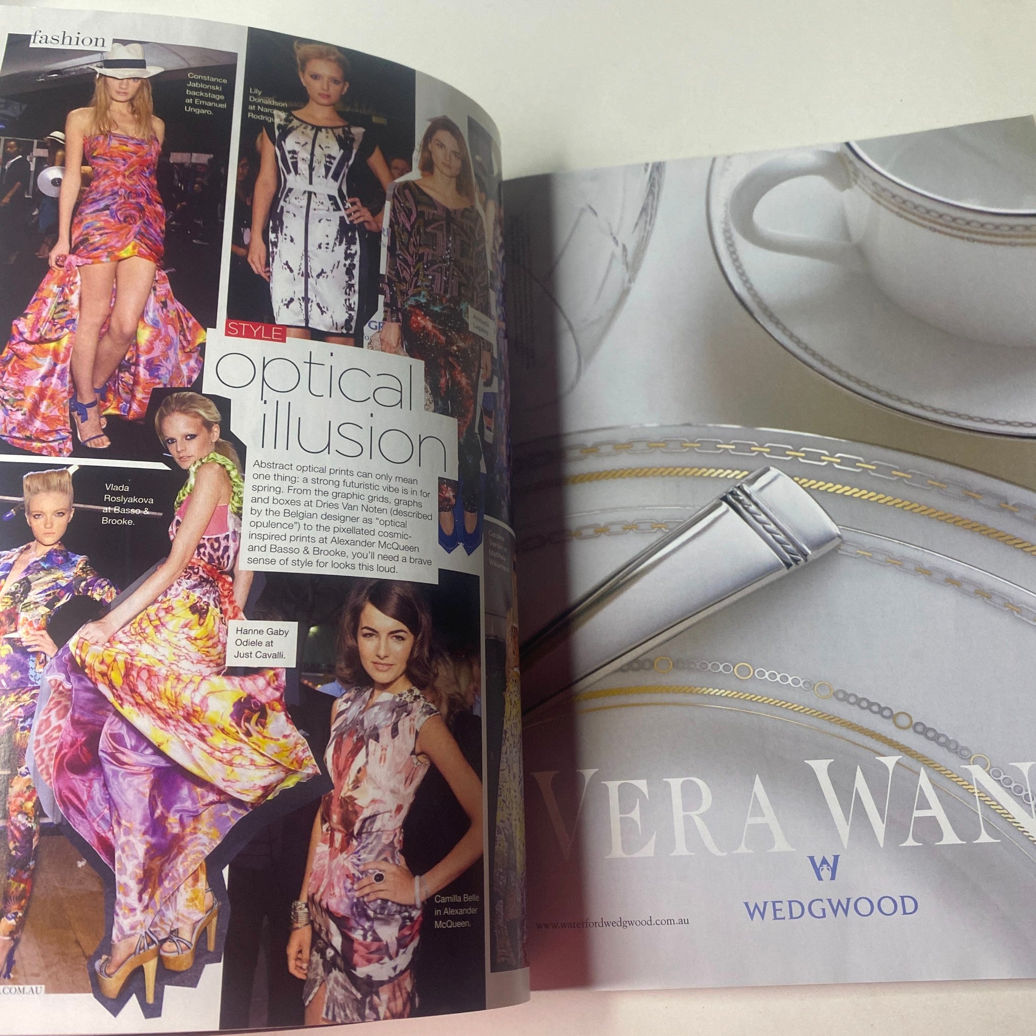 Fashion spread in Vogue Australia Magazine May 2009 illustrating optical illusion designs and showcasing luxury items by Vera Wang.