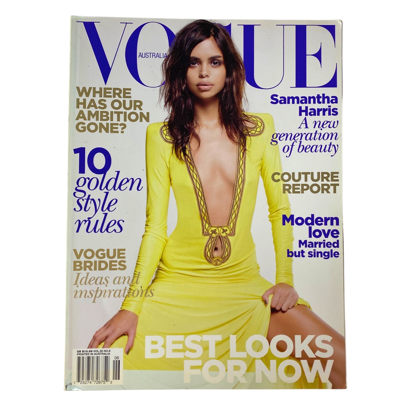Cover of Vogue Australia Magazine June 2010 featuring Samantha Harris in a yellow dress, showcasing bold fashion with a focus on modern femininity.