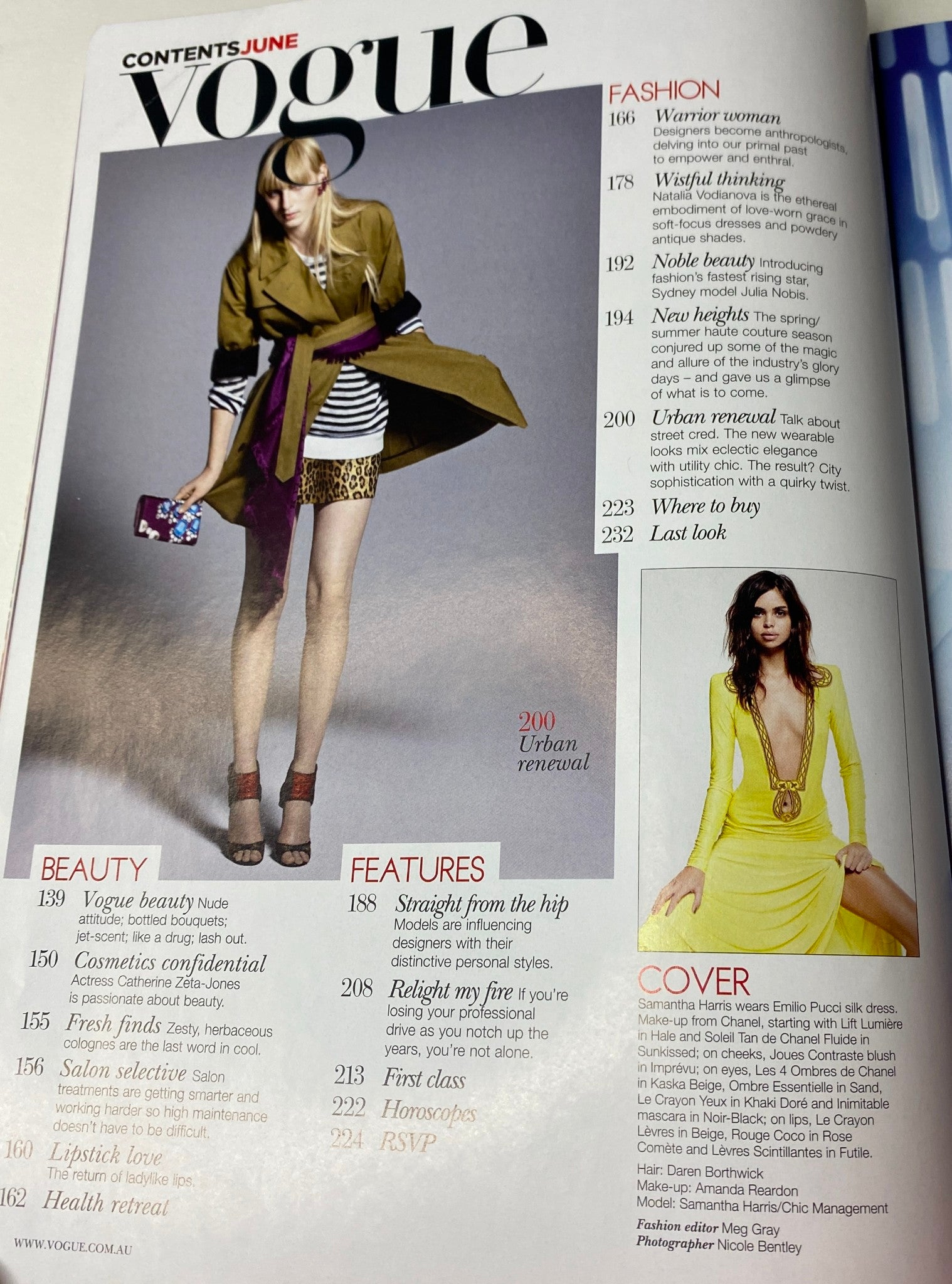 Contents page of Vogue Australia Magazine June 2010, listing articles on beauty, features, and a highlight about cover star Samantha Harris.