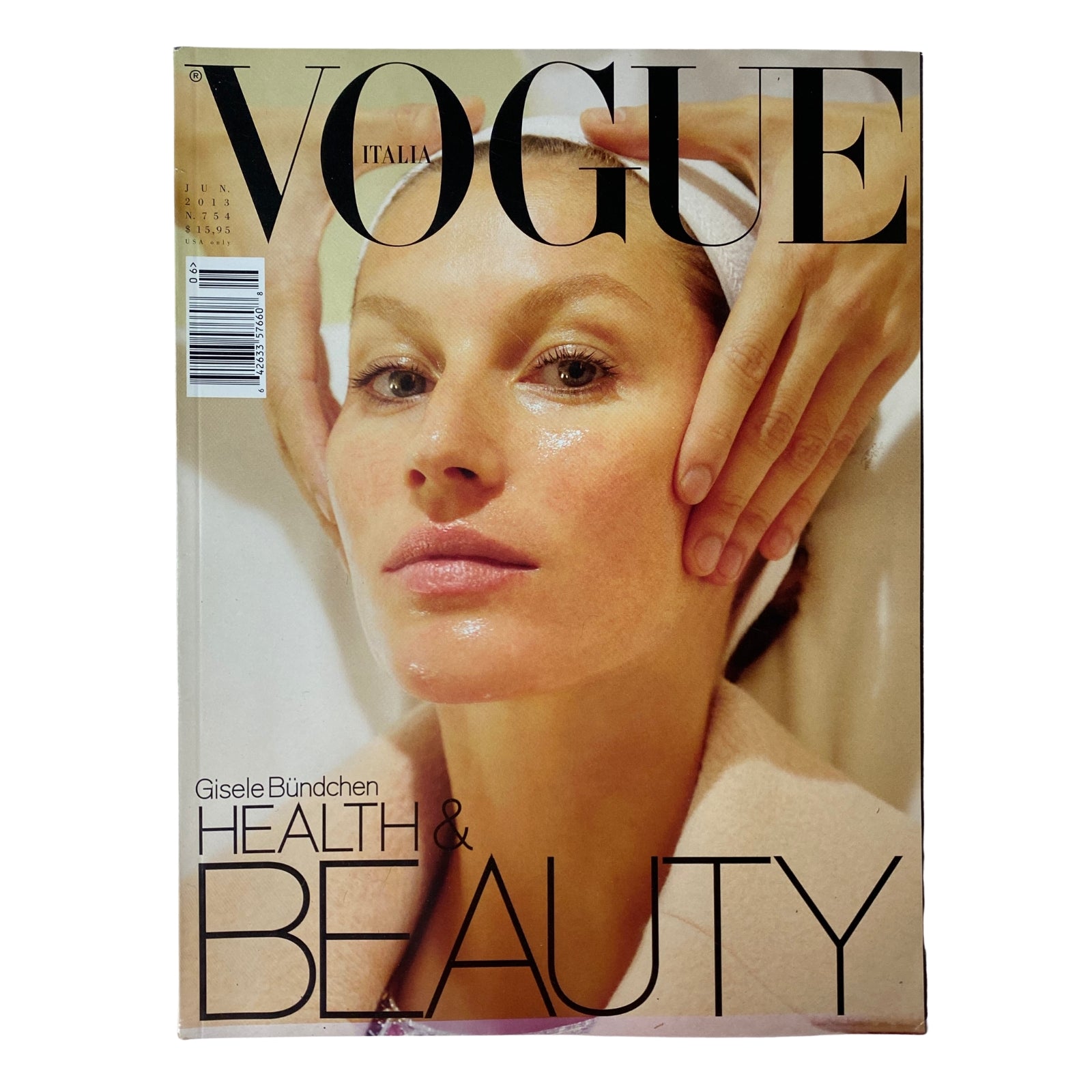 Vogue Italia Magazine June 2013 cover featuring Gisele Bündchen, emphasizing health and beauty. This edition highlights wellness concepts with stunning photography.