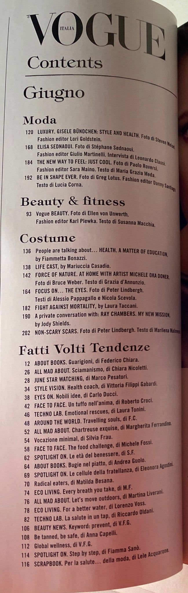 Table of contents from Vogue Italia Magazine June 2013 No. 754, highlighting features on moda, beauty, and wellness.