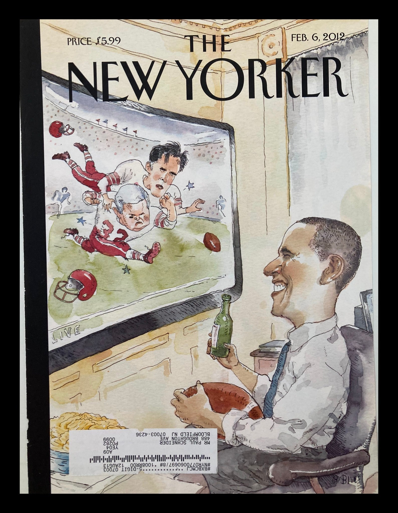 COVER ONLY The New Yorker February 6 2012 Barack Obama & The Big Game by B Blitt