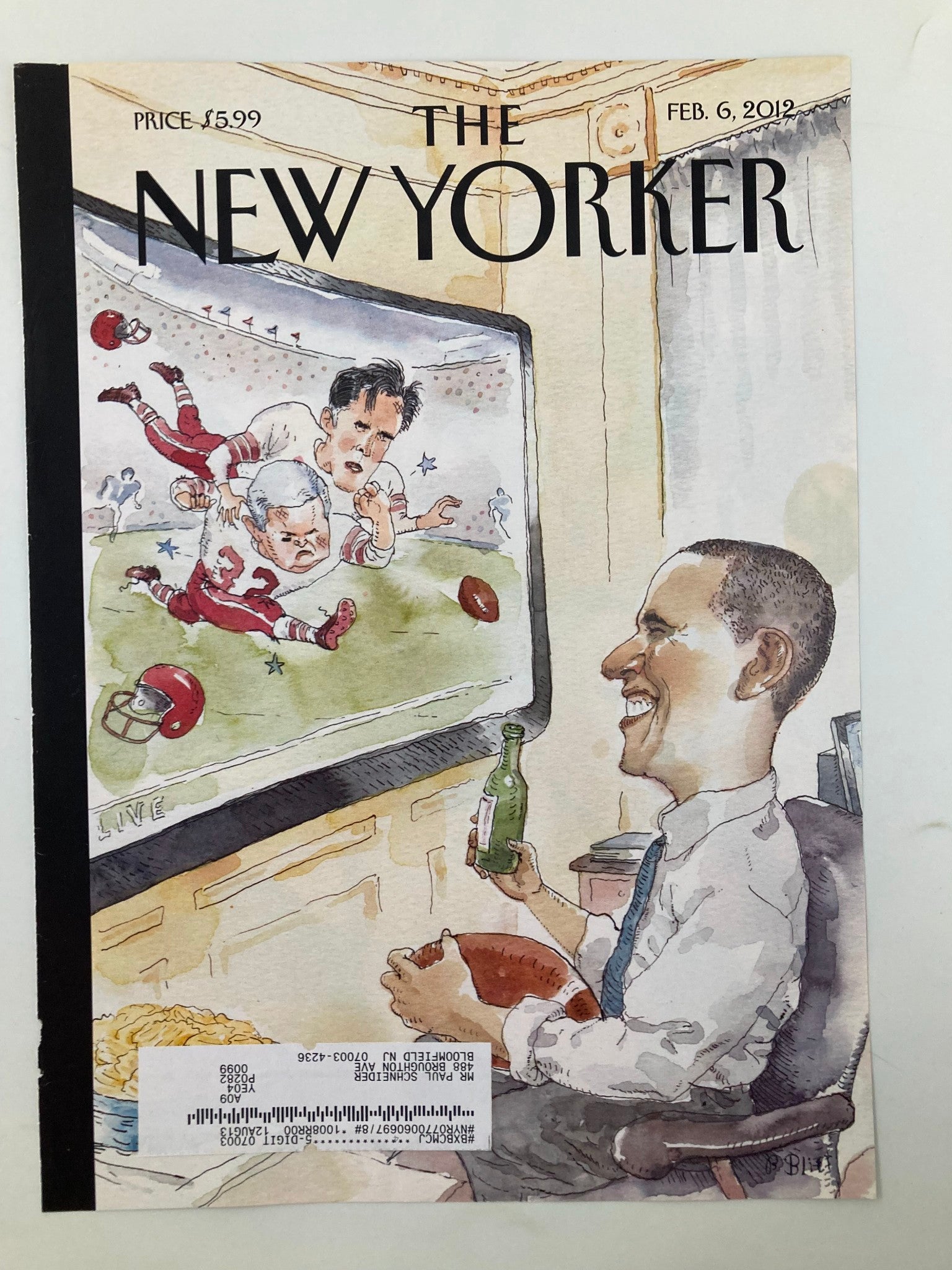 COVER ONLY The New Yorker February 6 2012 Barack Obama & The Big Game by B Blitt