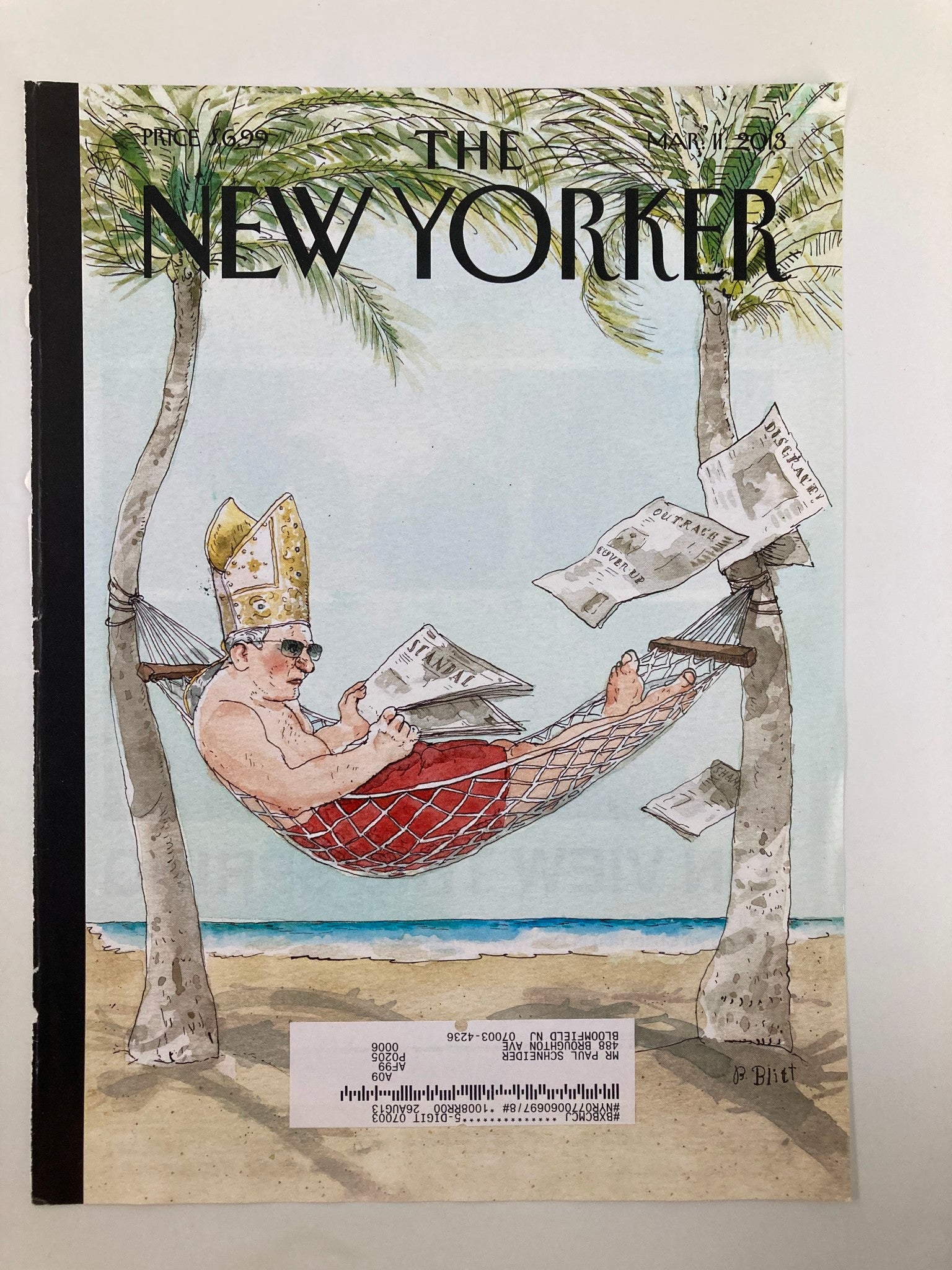 COVER ONLY The New Yorker March 11 2013 Sic Transit Gloria Mundi by Barry Blitt